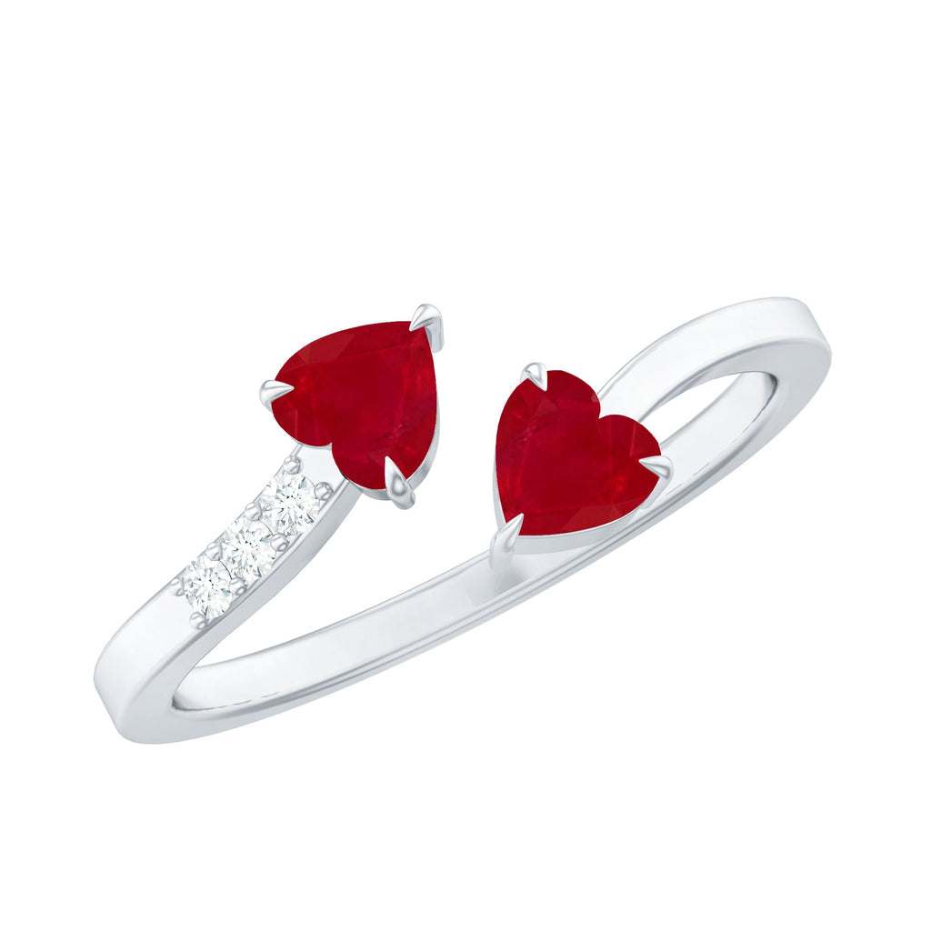 Twin Heart Ruby Engagement Ring in Wrap Style with Diamond