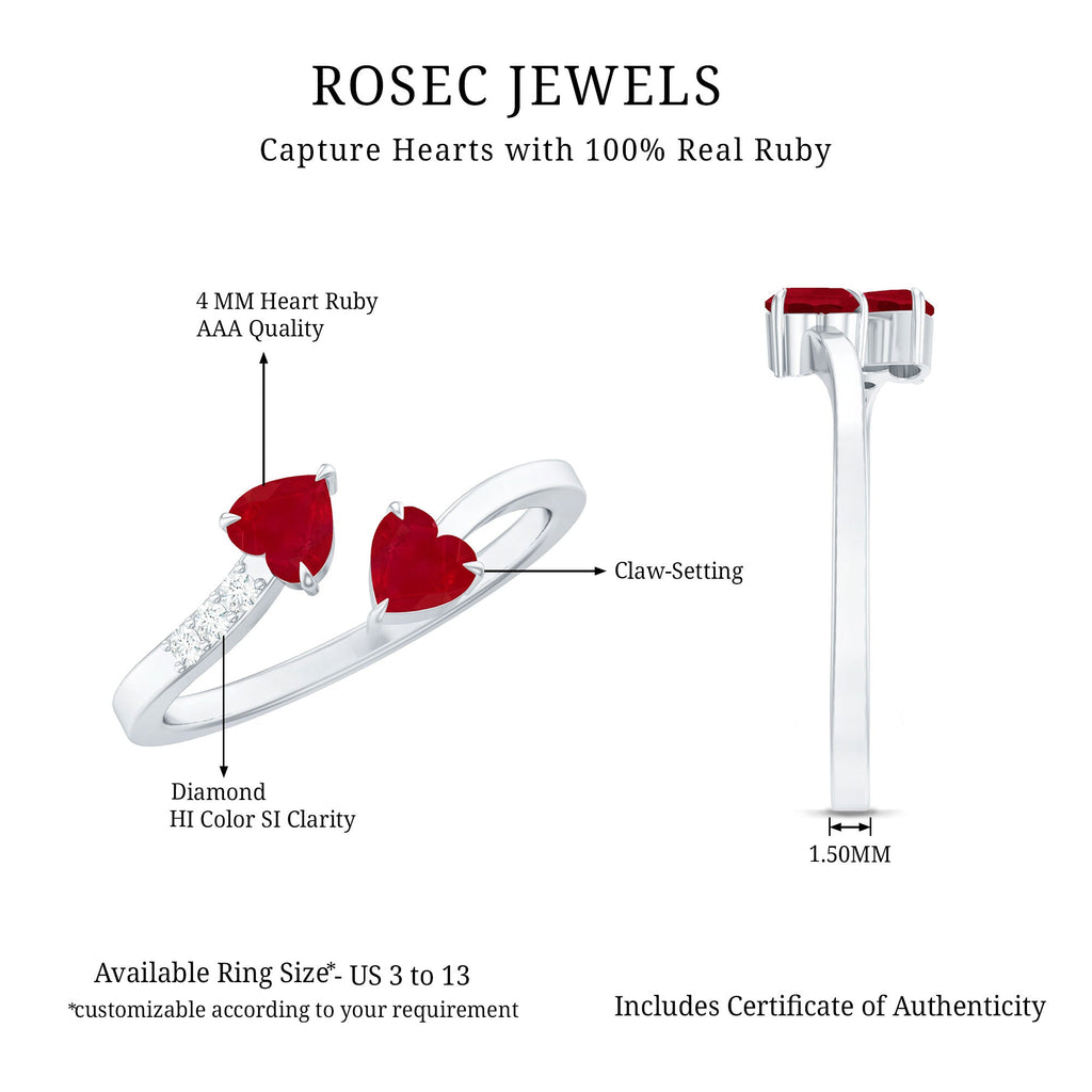 Twin Heart Ruby Engagement Ring in Wrap Style with Diamond