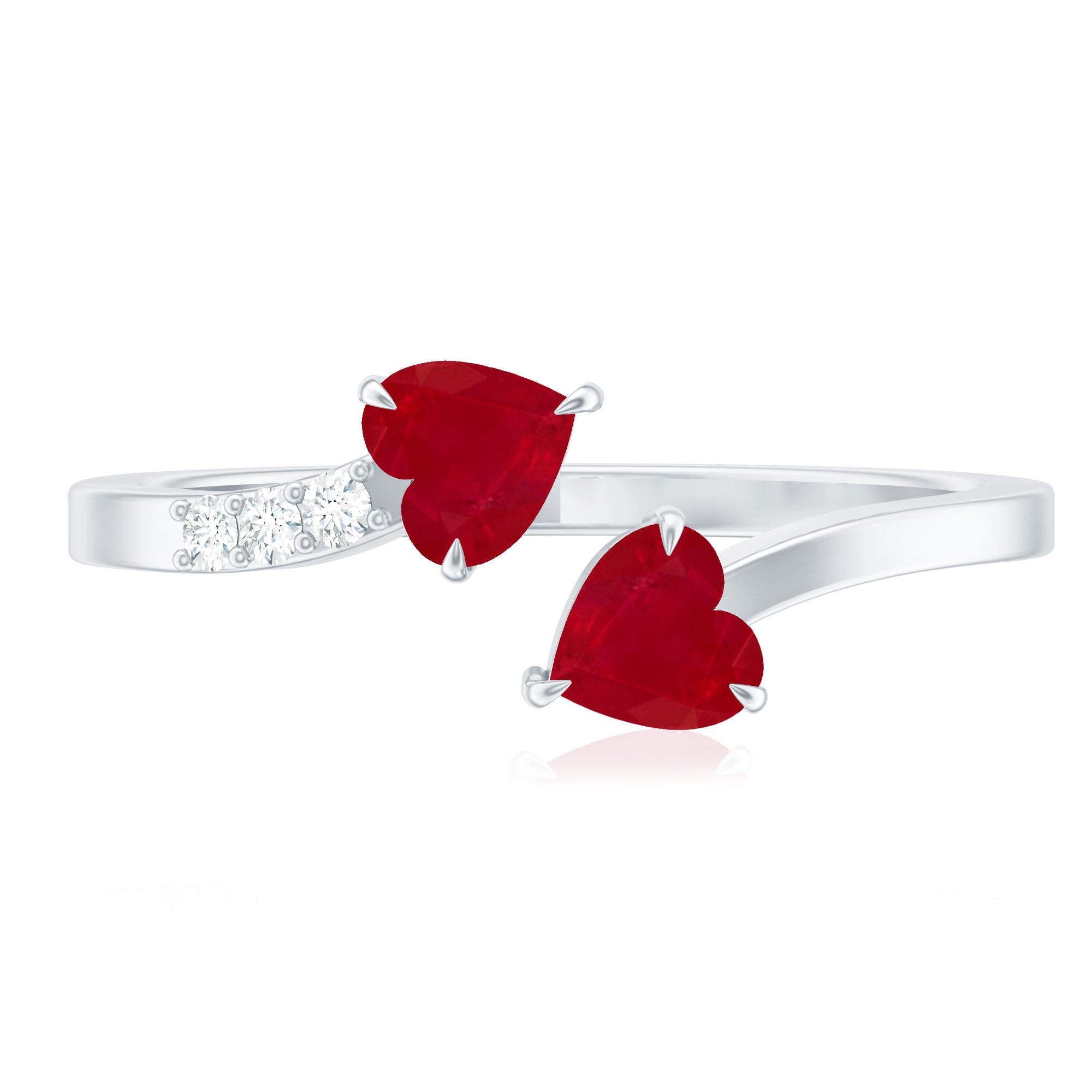 Twin Heart Ruby Engagement Ring in Wrap Style with Diamond