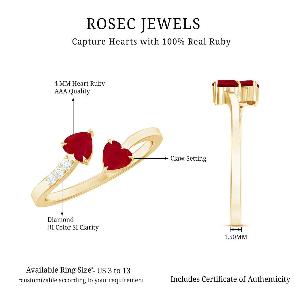 Twin Heart Ruby Engagement Ring in Wrap Style with Diamond
