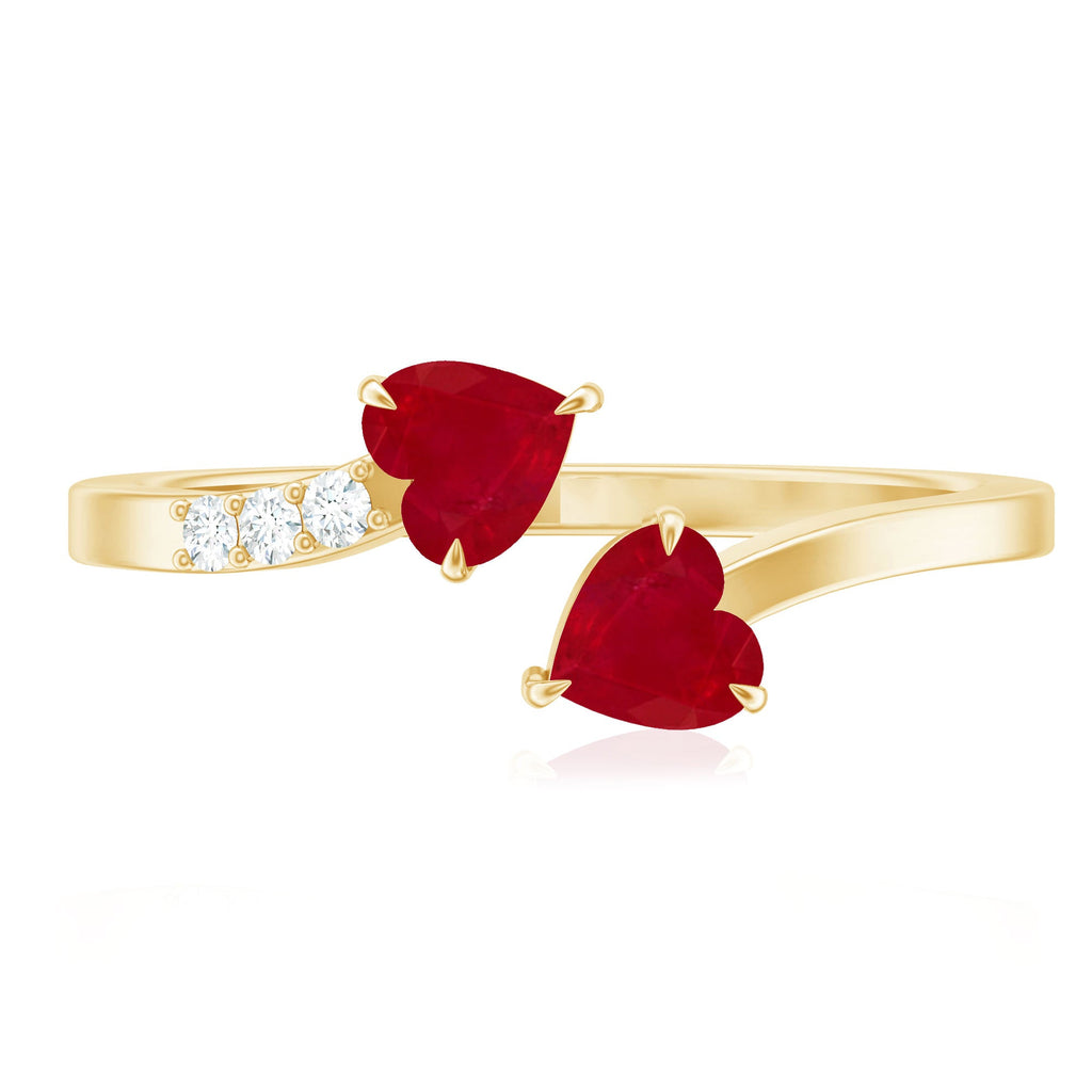 Twin Heart Ruby Engagement Ring in Wrap Style with Diamond