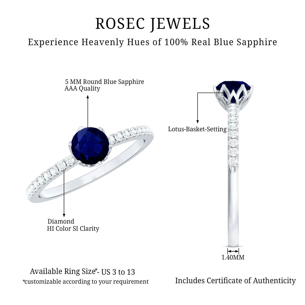 Lotus Basket Set Blue Sapphire Solitaire Ring with Diamond