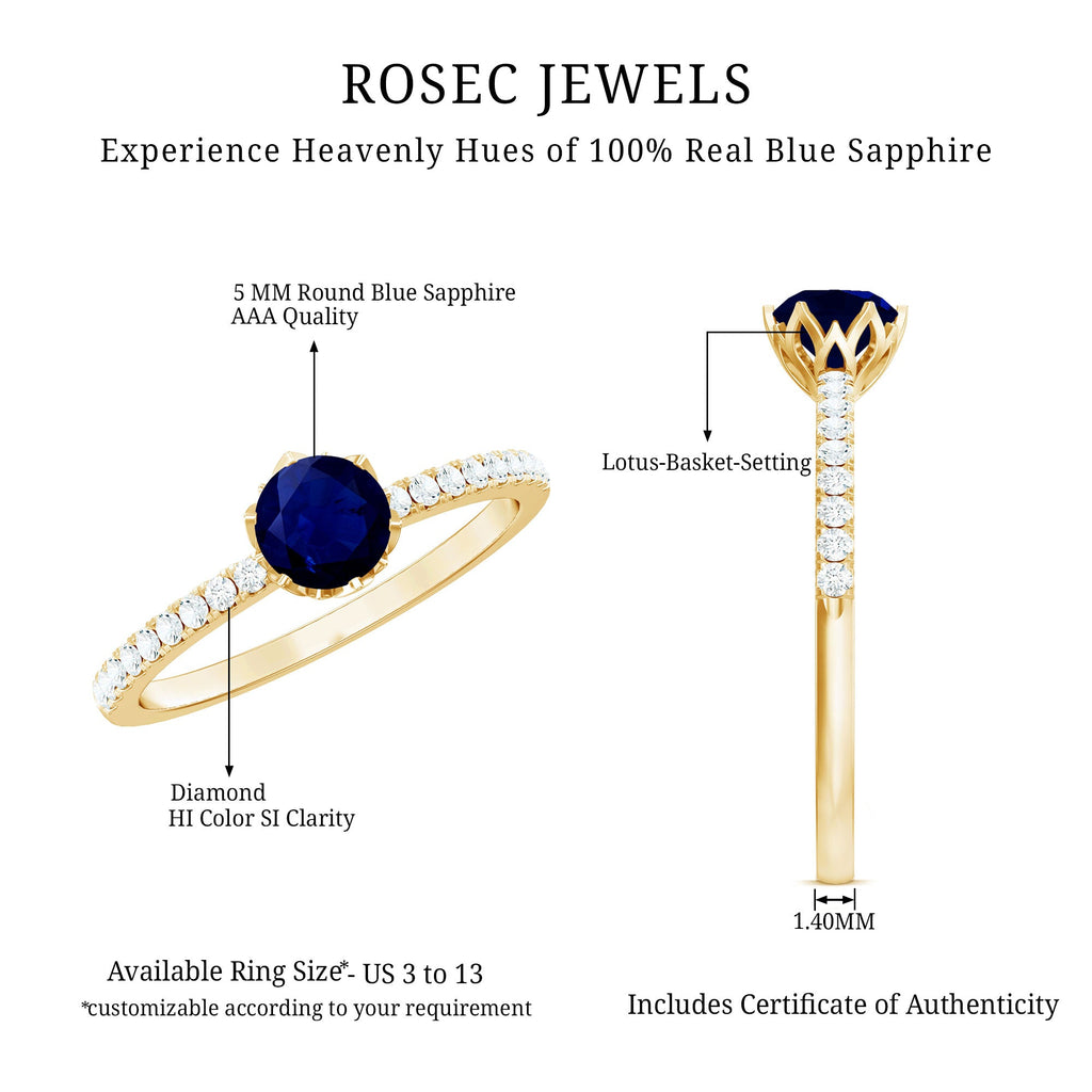 Lotus Basket Set Blue Sapphire Solitaire Ring with Diamond