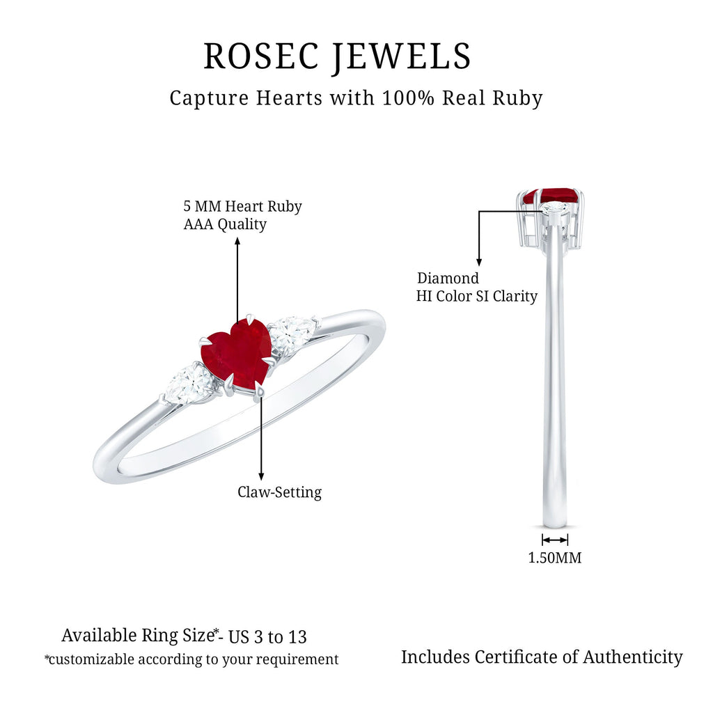 Heart Shape Ruby and Diamond 3 Stone Promise Ring