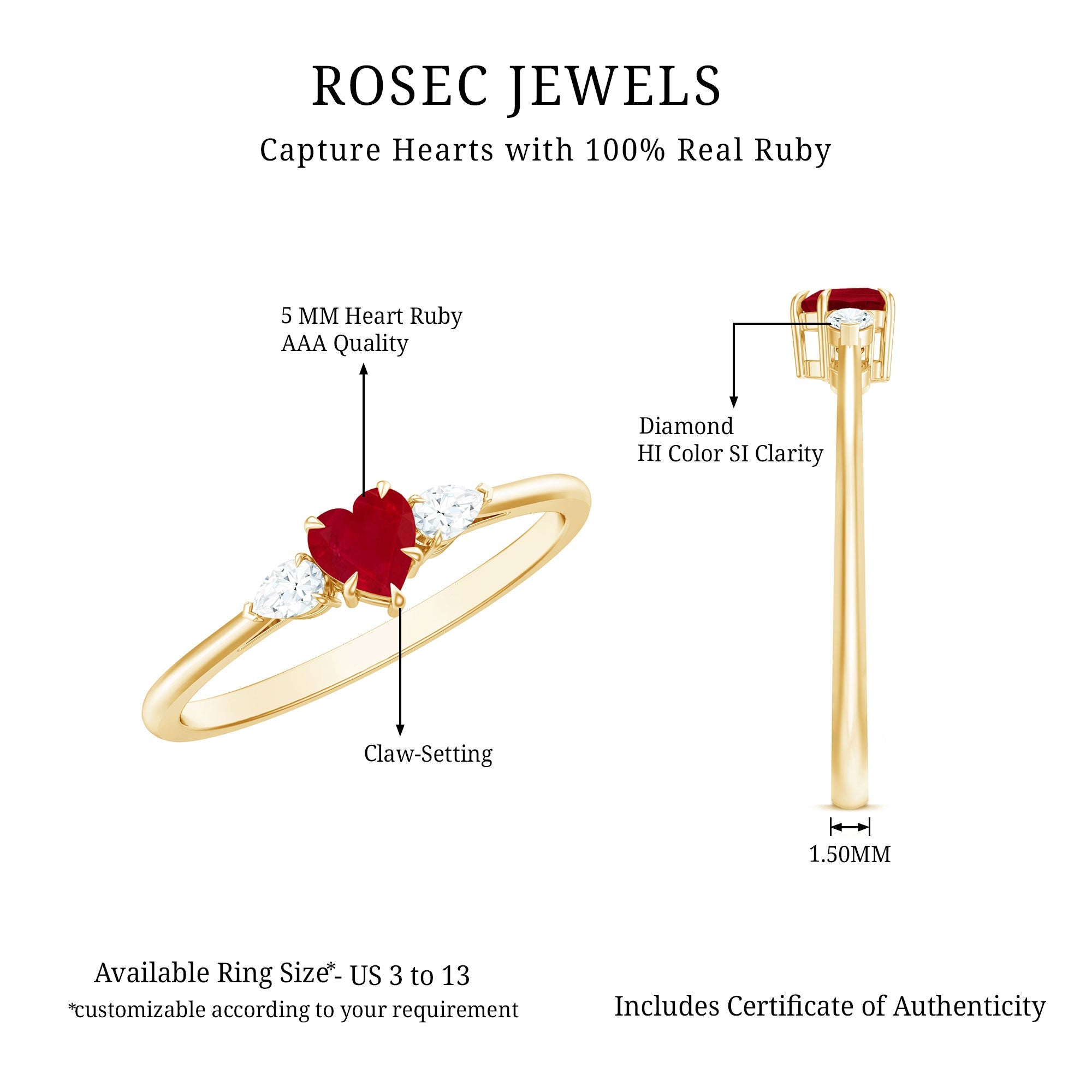 Heart Shape Ruby and Diamond 3 Stone Promise Ring