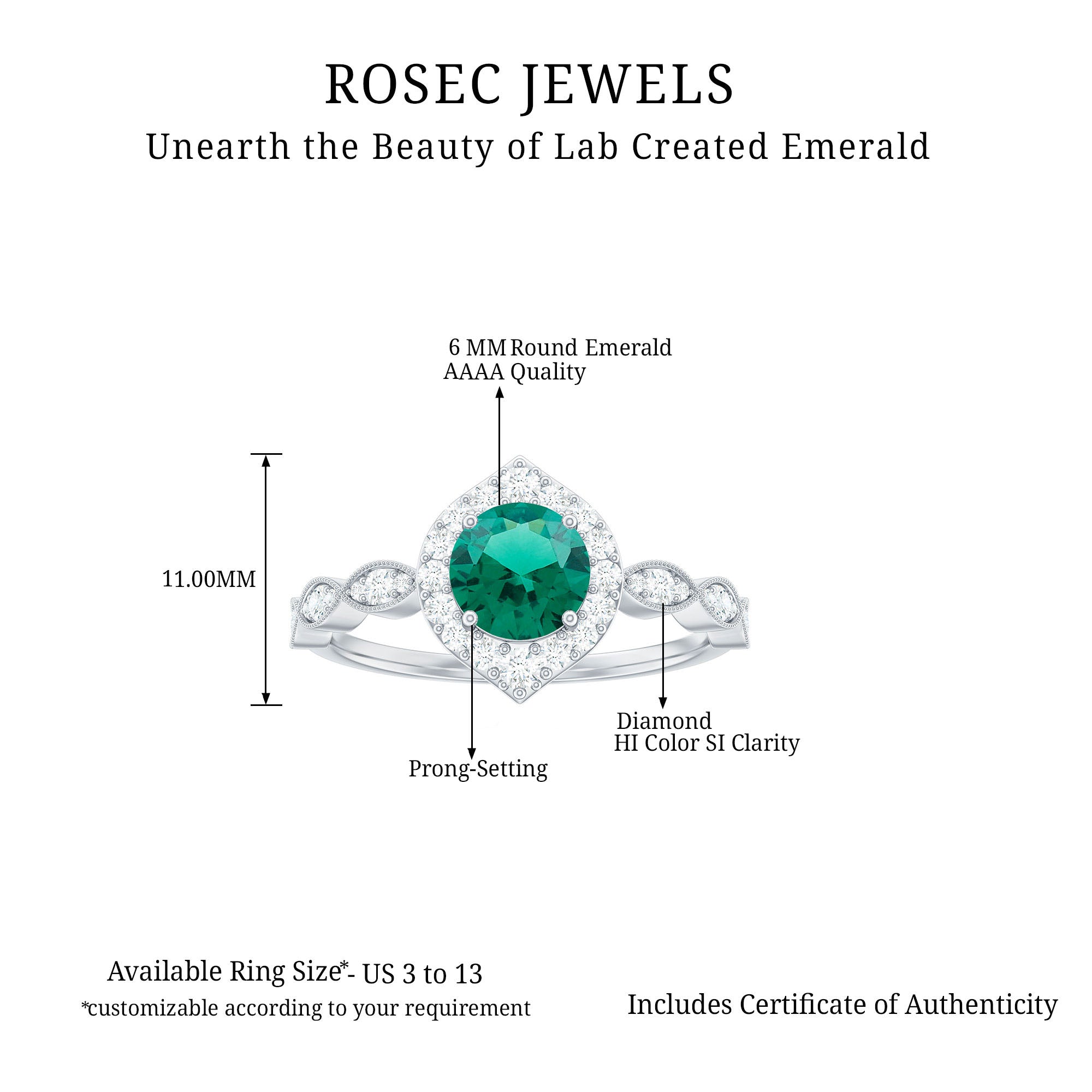 Lab Created Emerald Vintage Style Engagement Ring With Diamonds