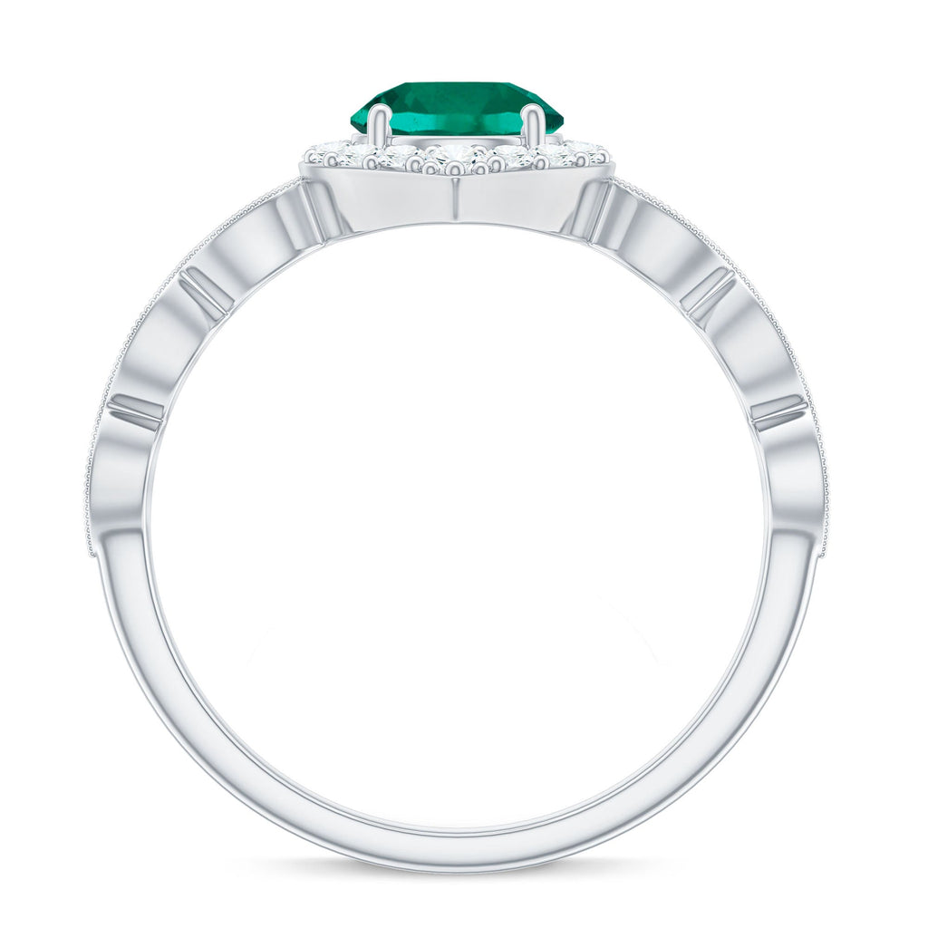 Lab Created Emerald Vintage Style Engagement Ring With Diamonds