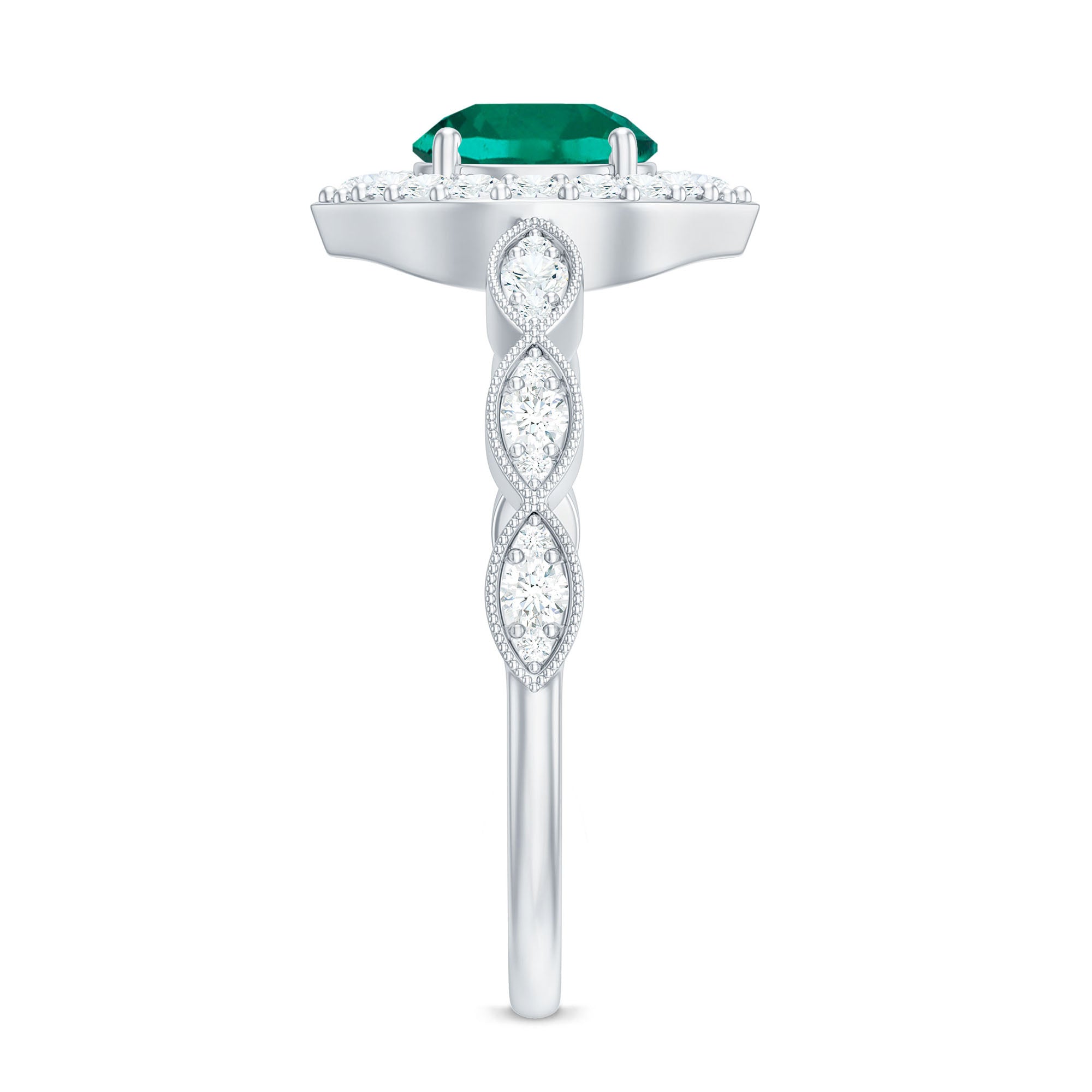 Lab Created Emerald Vintage Style Engagement Ring With Diamonds