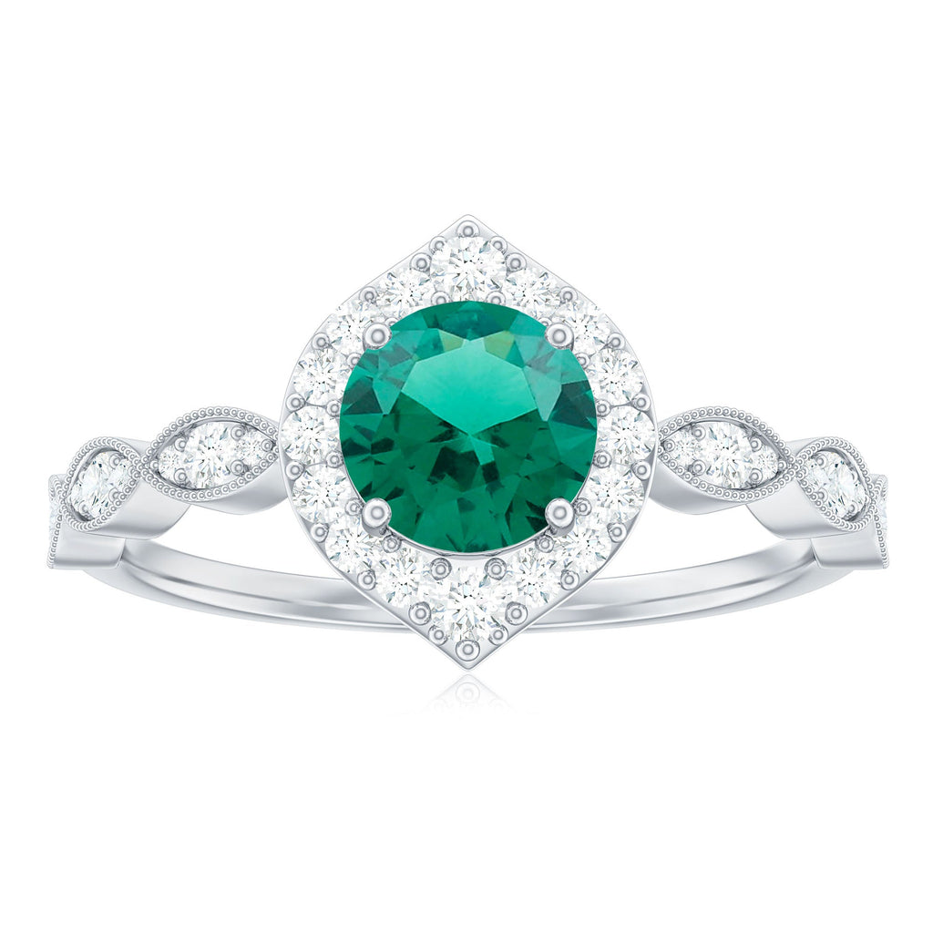 Lab Created Emerald Vintage Style Engagement Ring With Diamonds