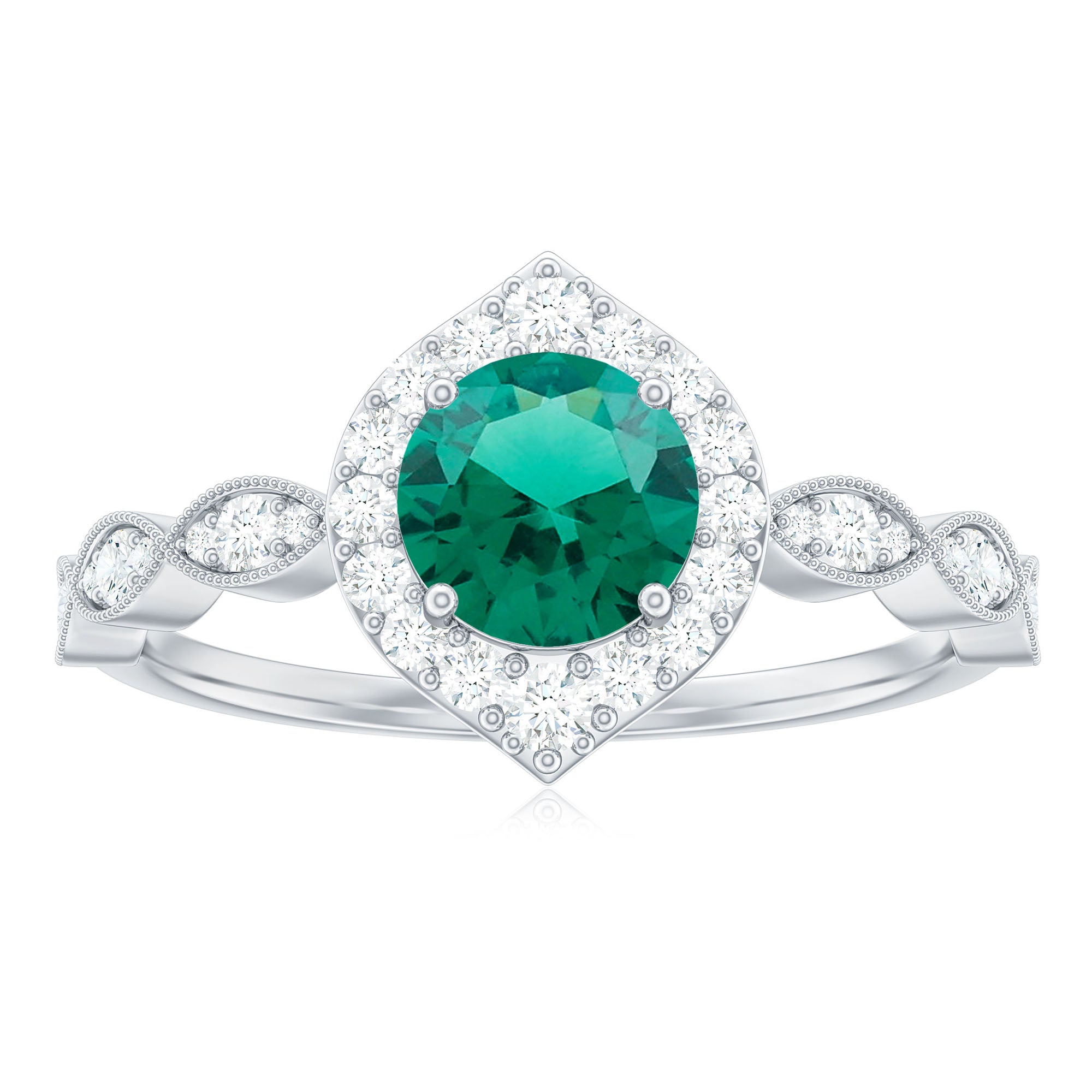Lab Created Emerald Vintage Style Engagement Ring With Diamonds