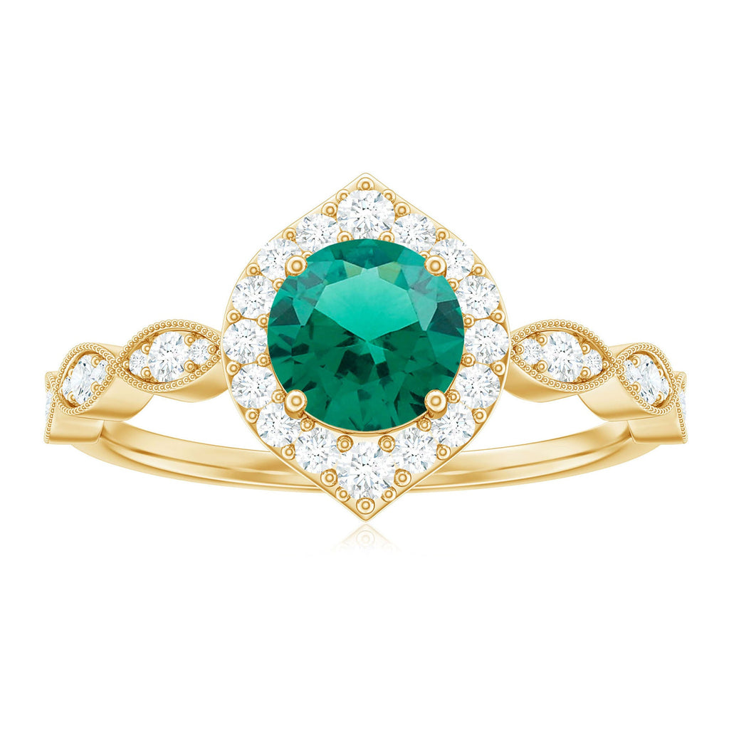 Lab Created Emerald Vintage Style Engagement Ring With Diamonds