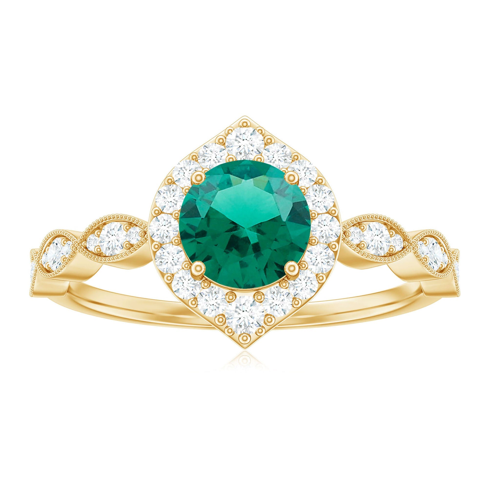 Lab Created Emerald Vintage Style Engagement Ring With Diamonds