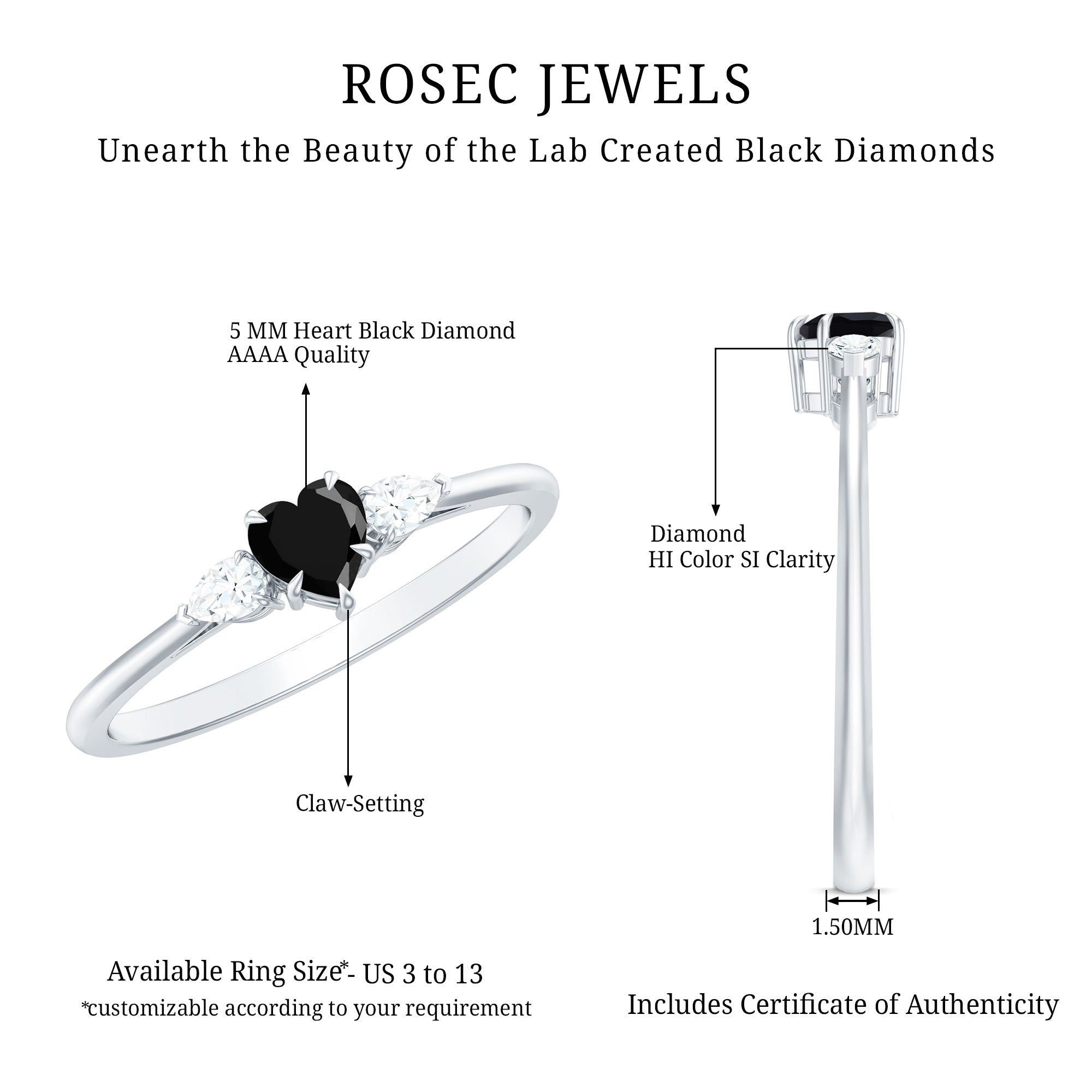 Heart Shape Created Black Diamond Promise Ring with Pear Diamond