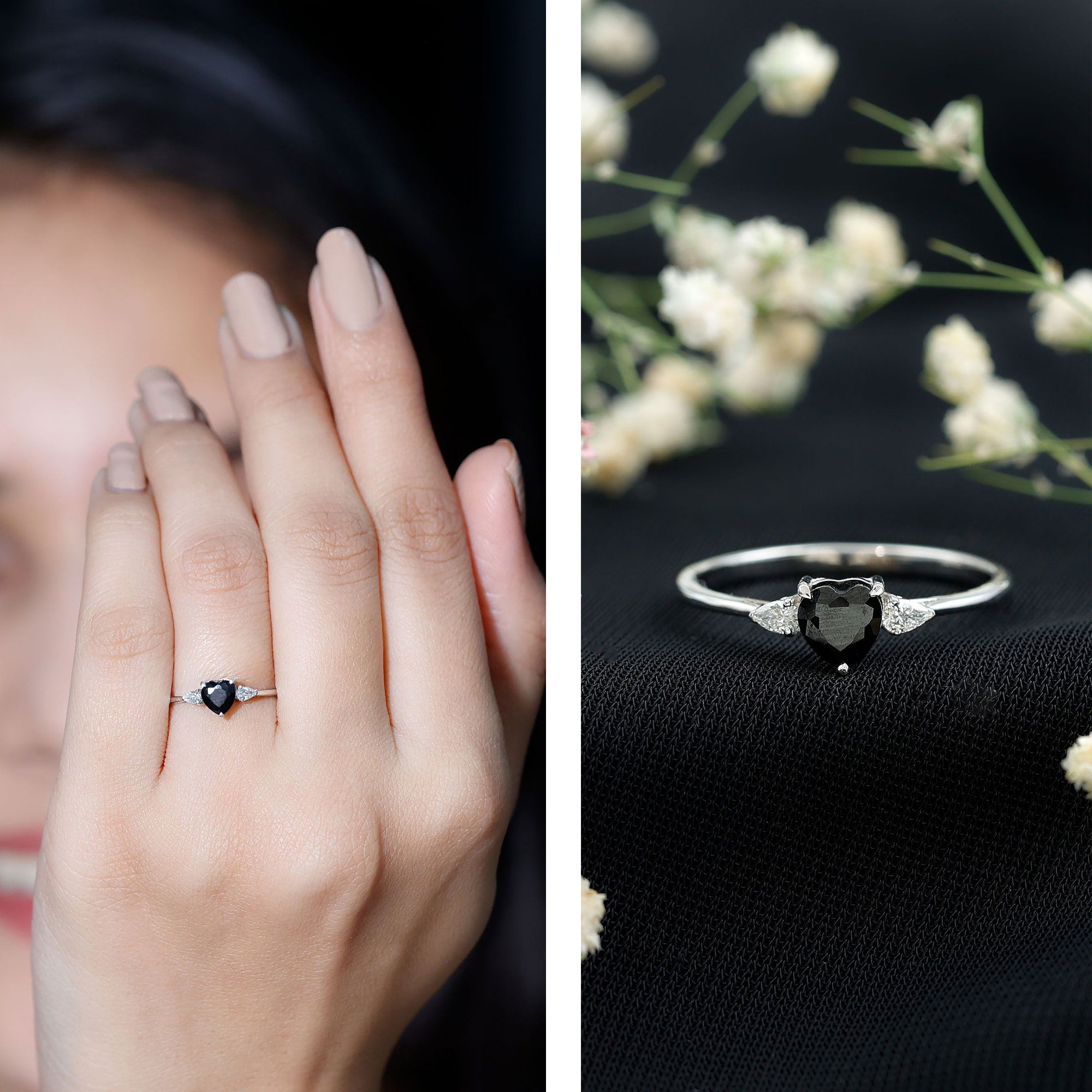 Heart Shape Created Black Diamond Promise Ring with Pear Diamond