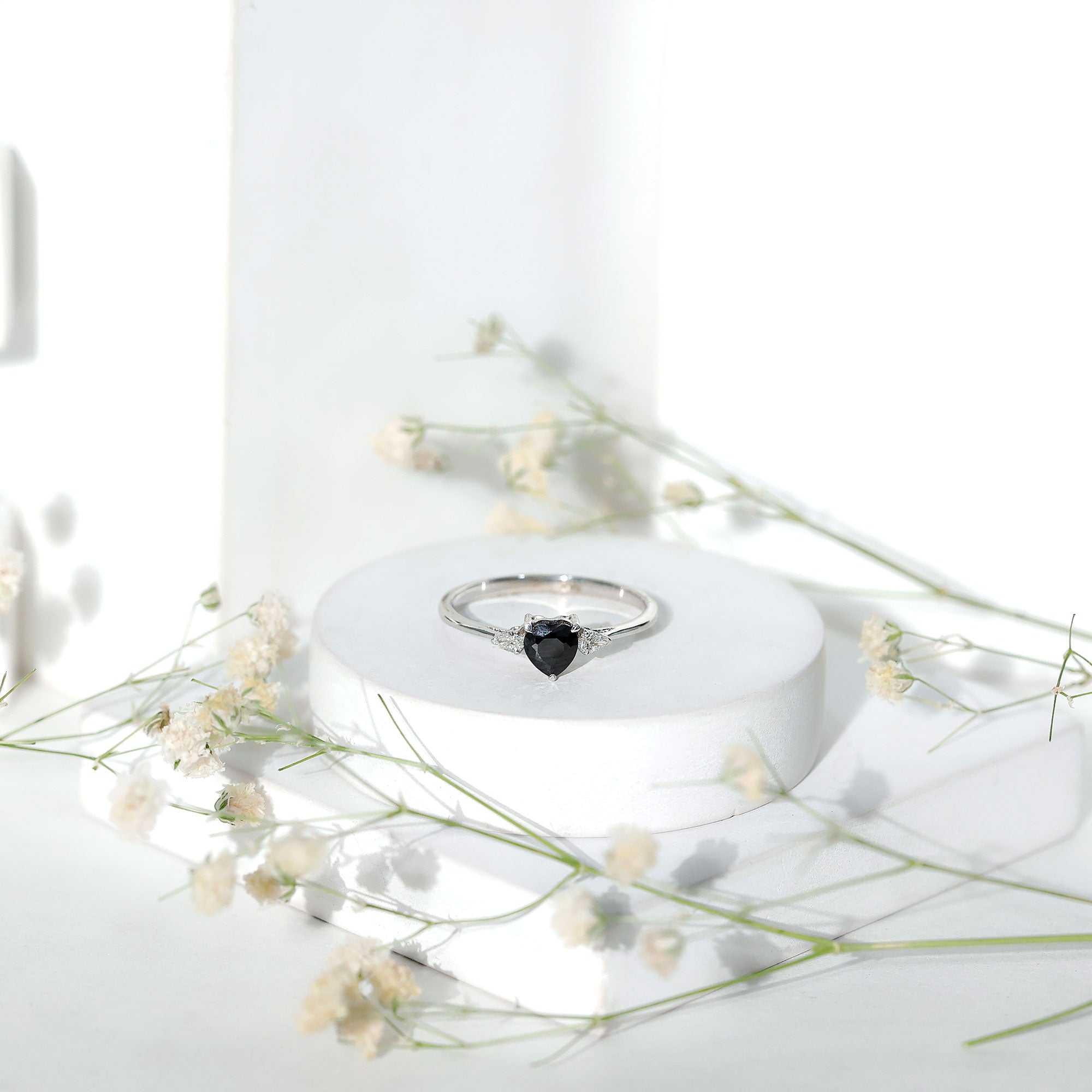 Heart Shape Created Black Diamond Promise Ring with Pear Diamond