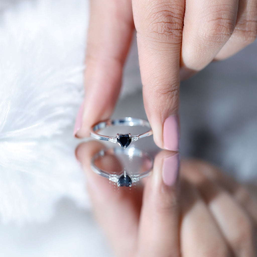 Heart Shape Created Black Diamond Promise Ring with Pear Diamond