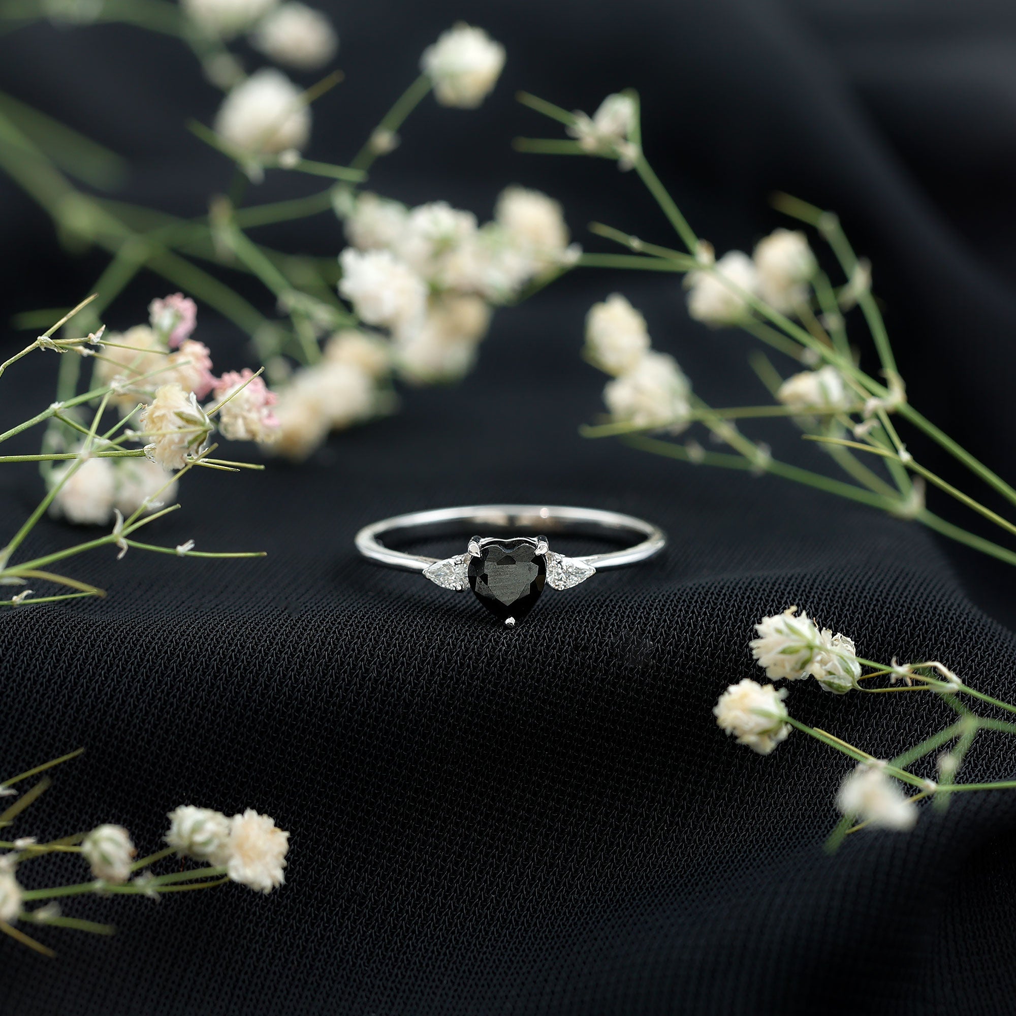 Heart Shape Created Black Diamond Promise Ring with Pear Diamond
