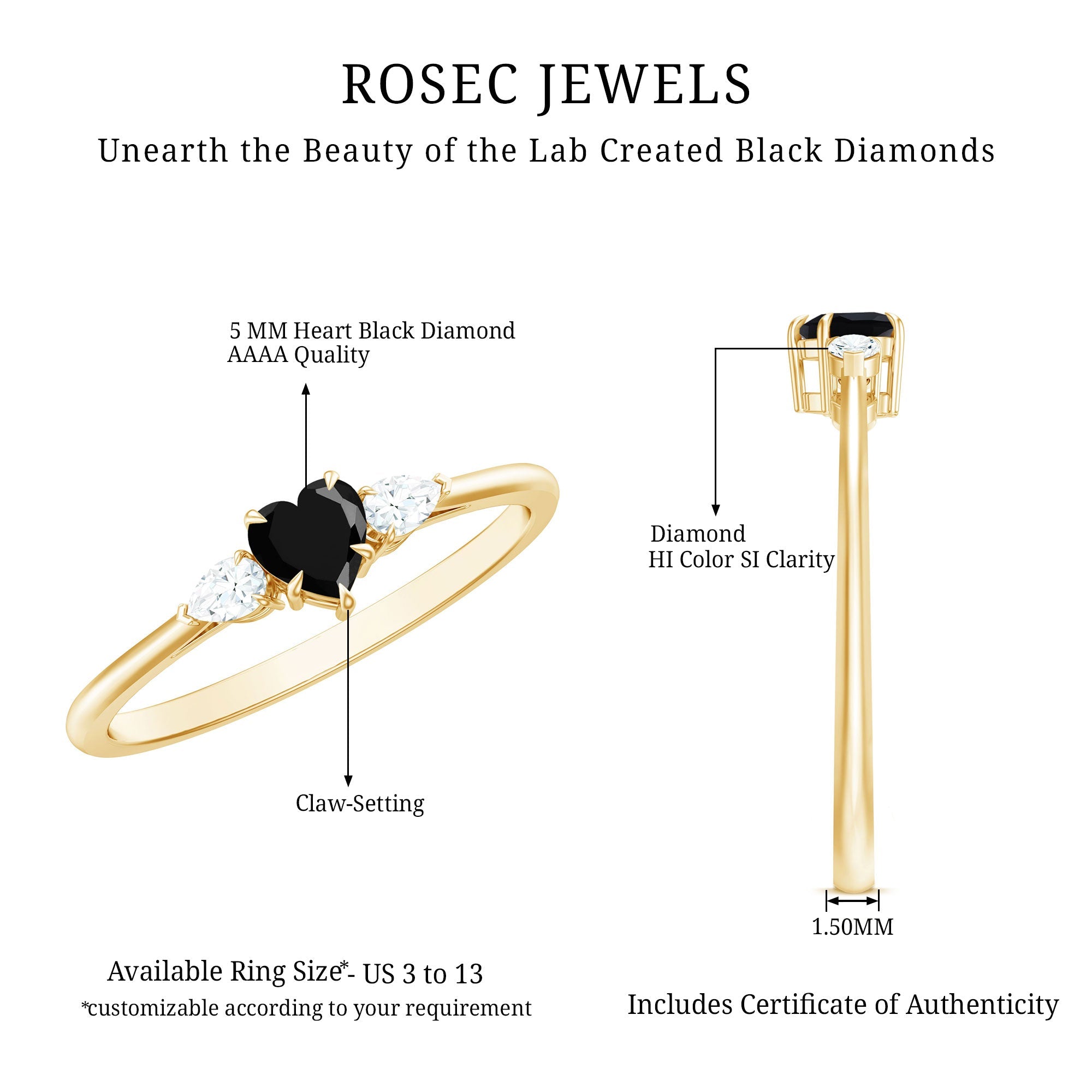Heart Shape Created Black Diamond Promise Ring with Pear Diamond