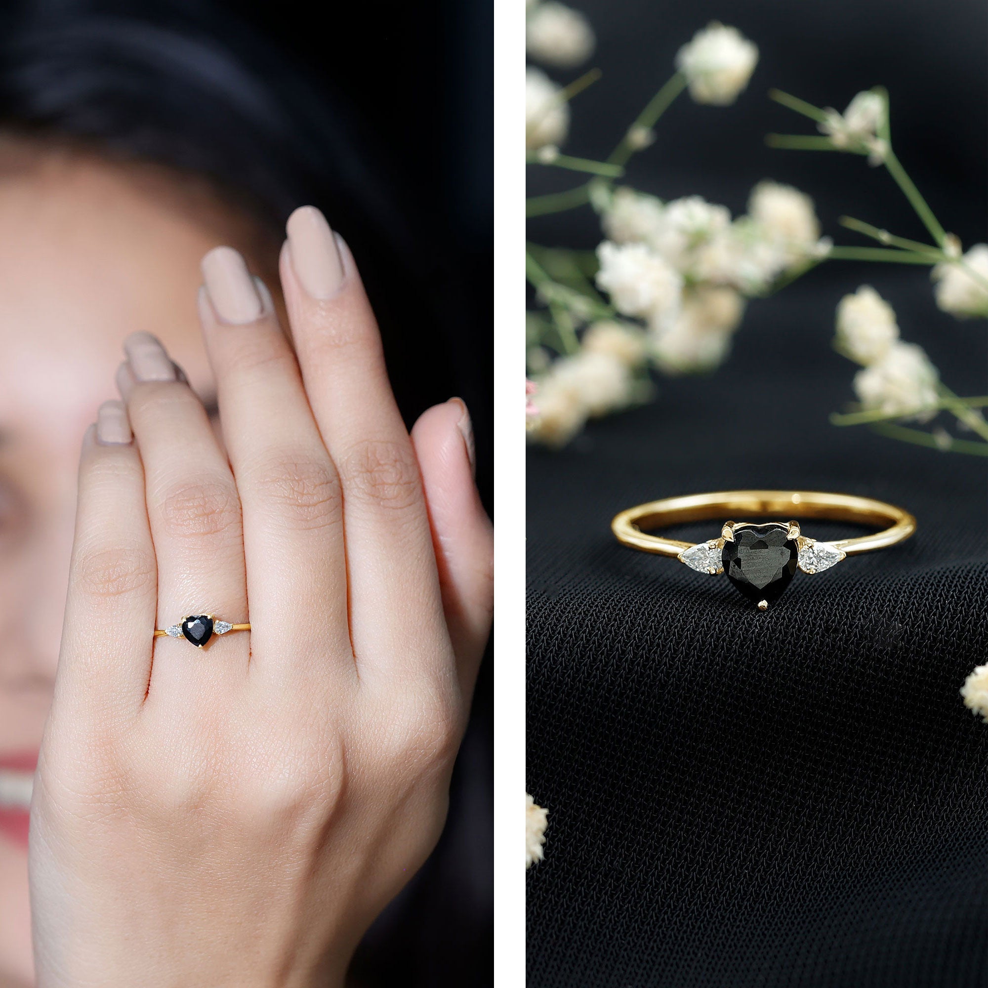 Heart Shape Created Black Diamond Promise Ring with Pear Diamond