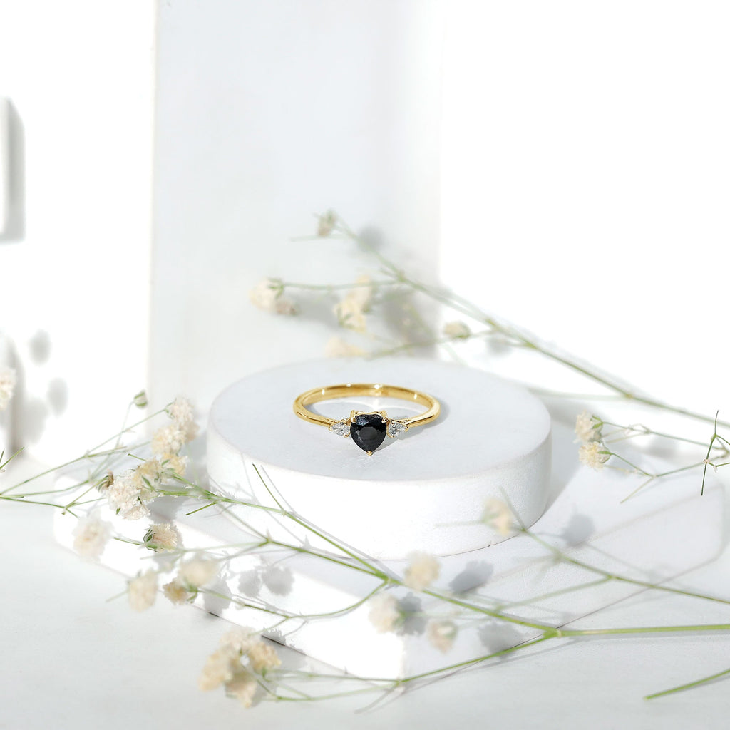 Heart Shape Created Black Diamond Promise Ring with Pear Diamond