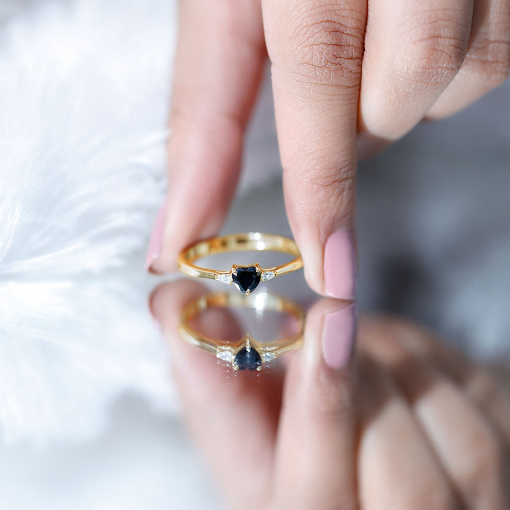 Heart Shape Created Black Diamond Promise Ring with Pear Diamond