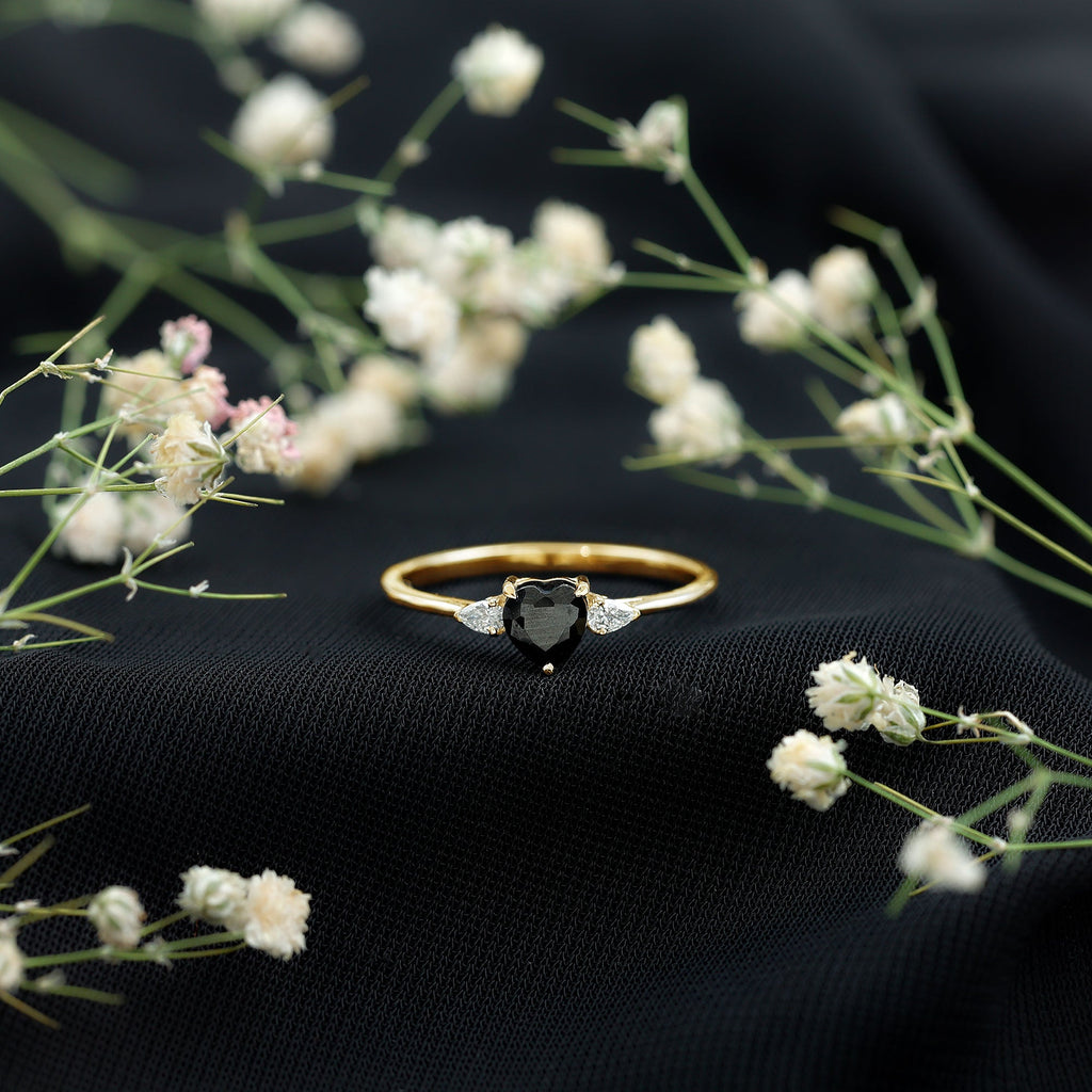 Heart Shape Created Black Diamond Promise Ring with Pear Diamond