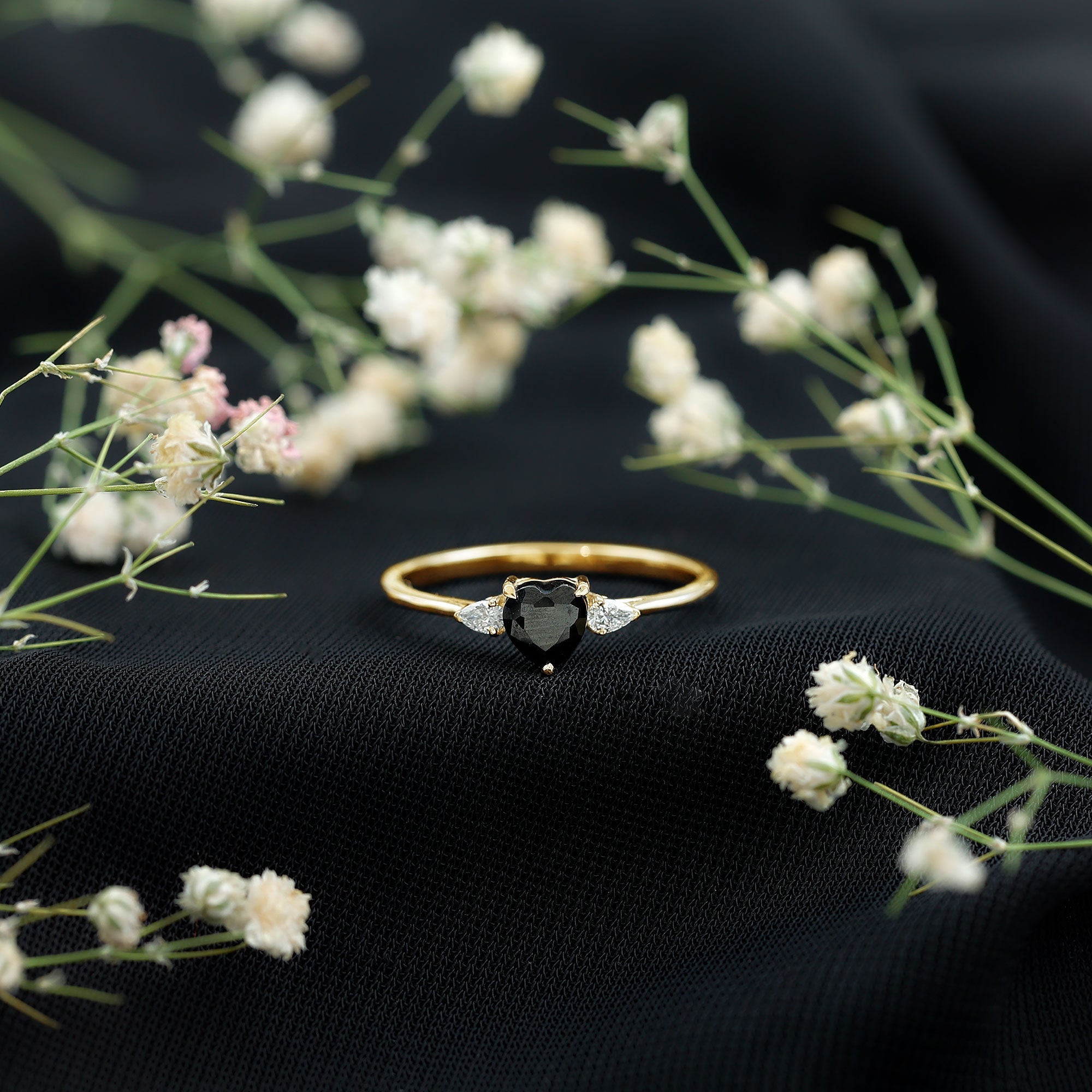Heart Shape Created Black Diamond Promise Ring with Pear Diamond