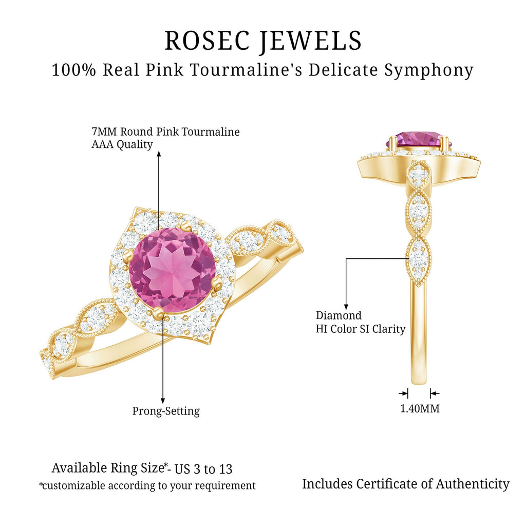Genuine Pink Tourmaline Vintage Engagement Ring with Diamond