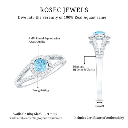 1 CT Aquamarine and Diamond Split Shank Engagement Ring