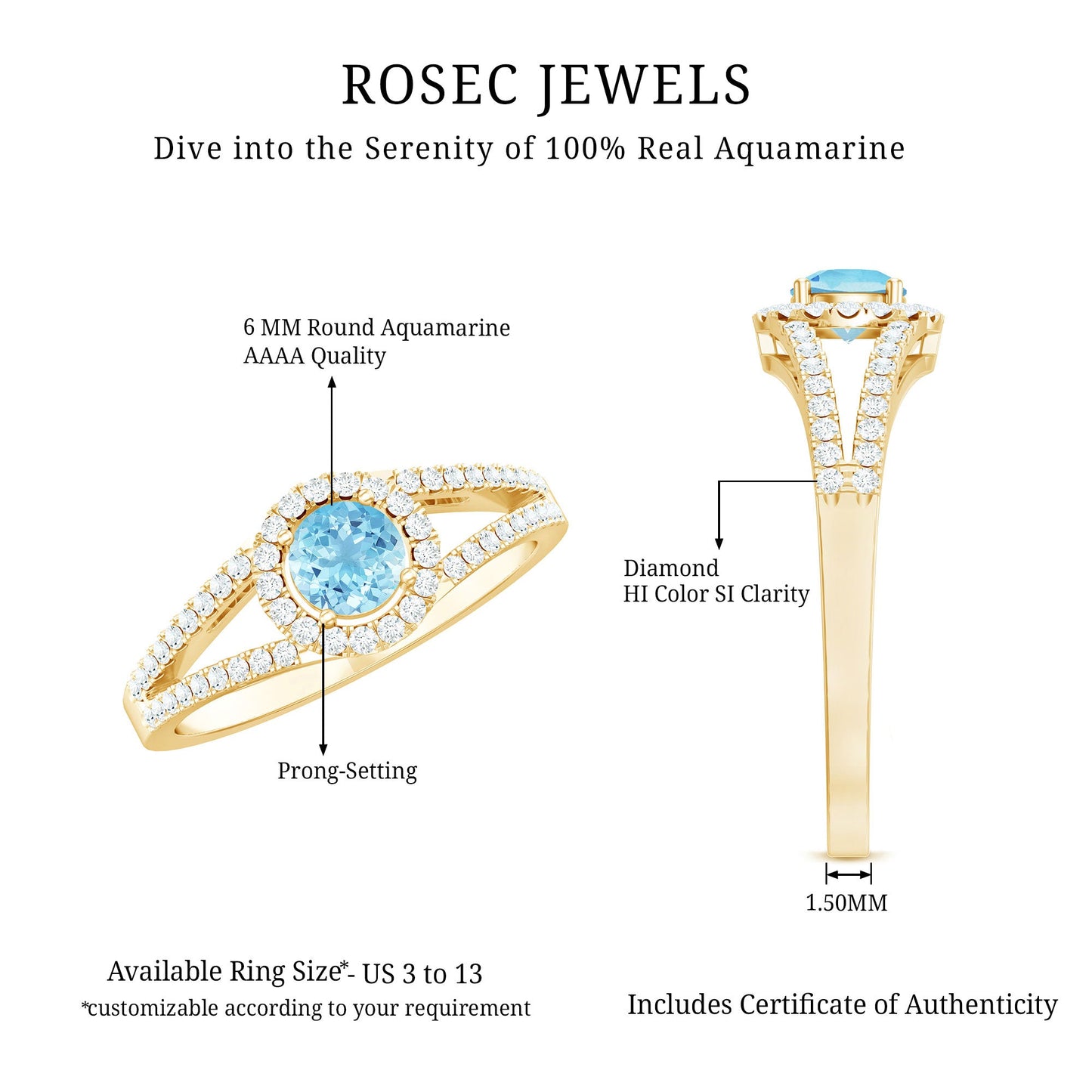 1 CT Aquamarine and Diamond Split Shank Engagement Ring