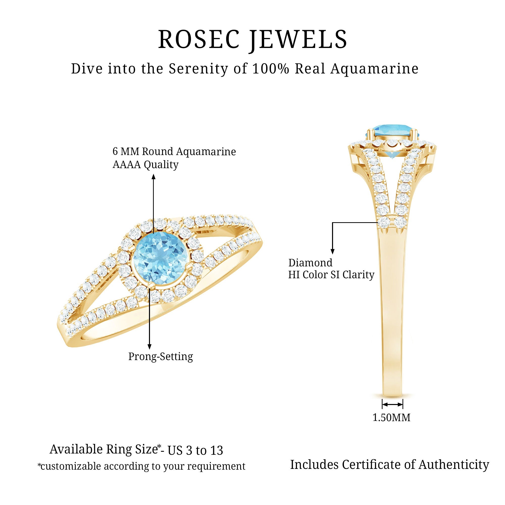 1 CT Aquamarine and Diamond Split Shank Engagement Ring