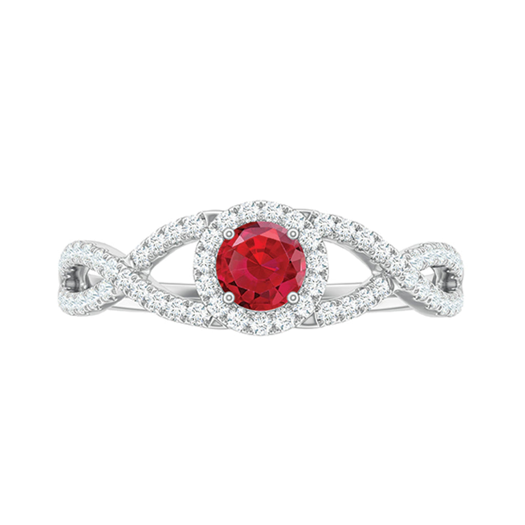Criss Cross Shank Created Ruby and Diamond Halo Engagement Ring