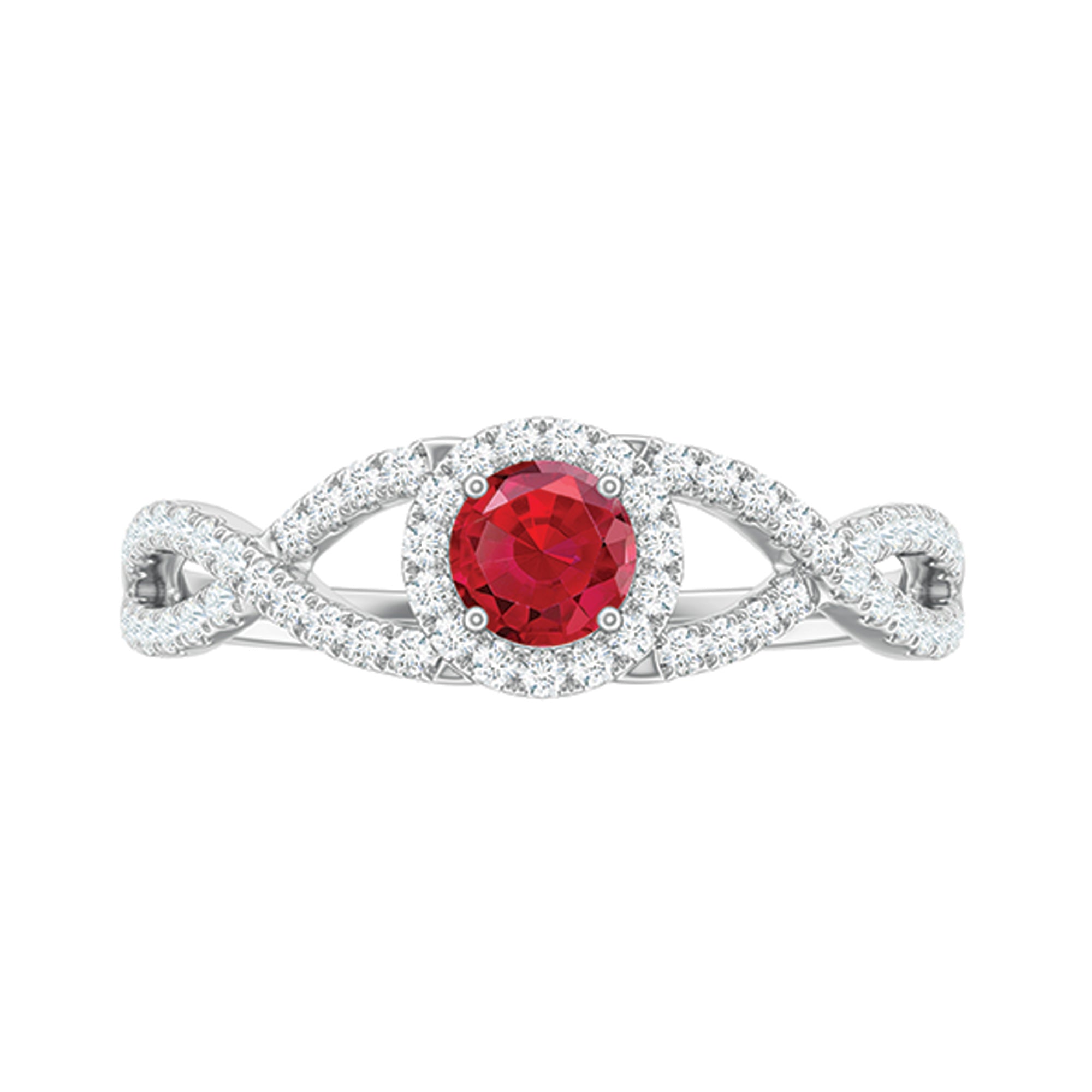 Criss Cross Shank Created Ruby and Diamond Halo Engagement Ring