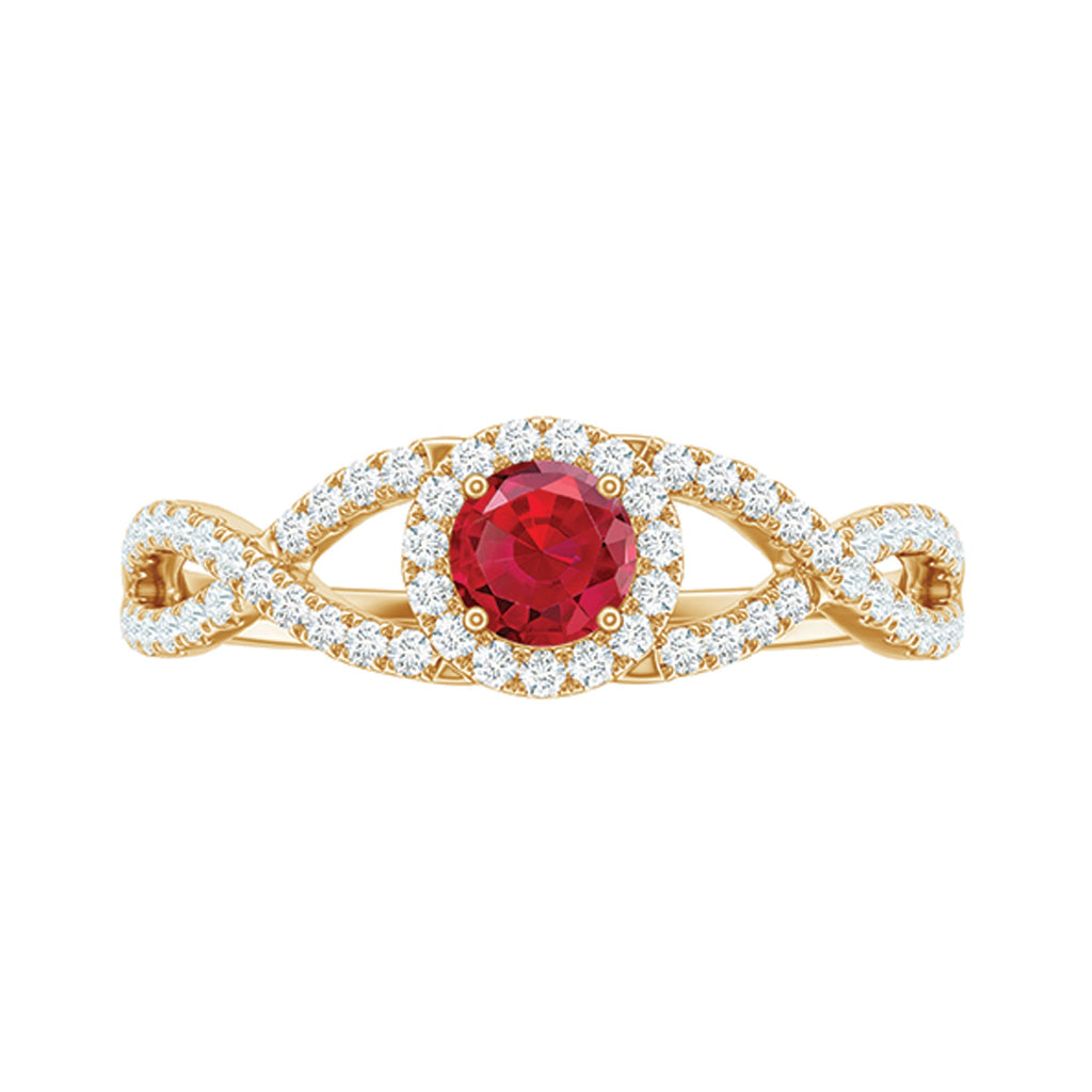 Criss Cross Shank Created Ruby and Diamond Halo Engagement Ring