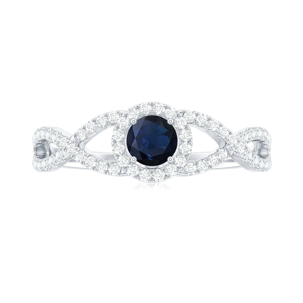 Criss Cross Shank Blue Sapphire and Diamond Halo Engagement Ring