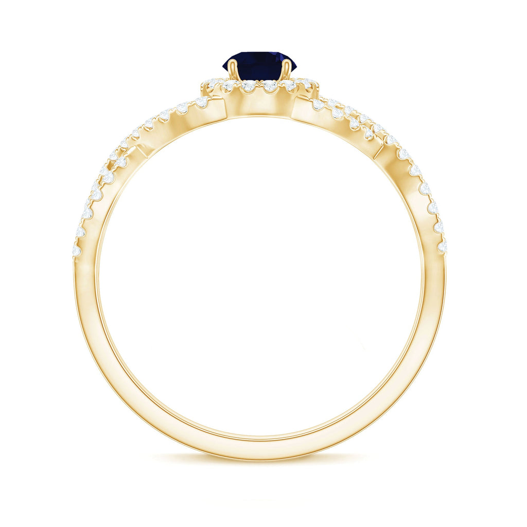 Criss Cross Shank Blue Sapphire and Diamond Halo Engagement Ring