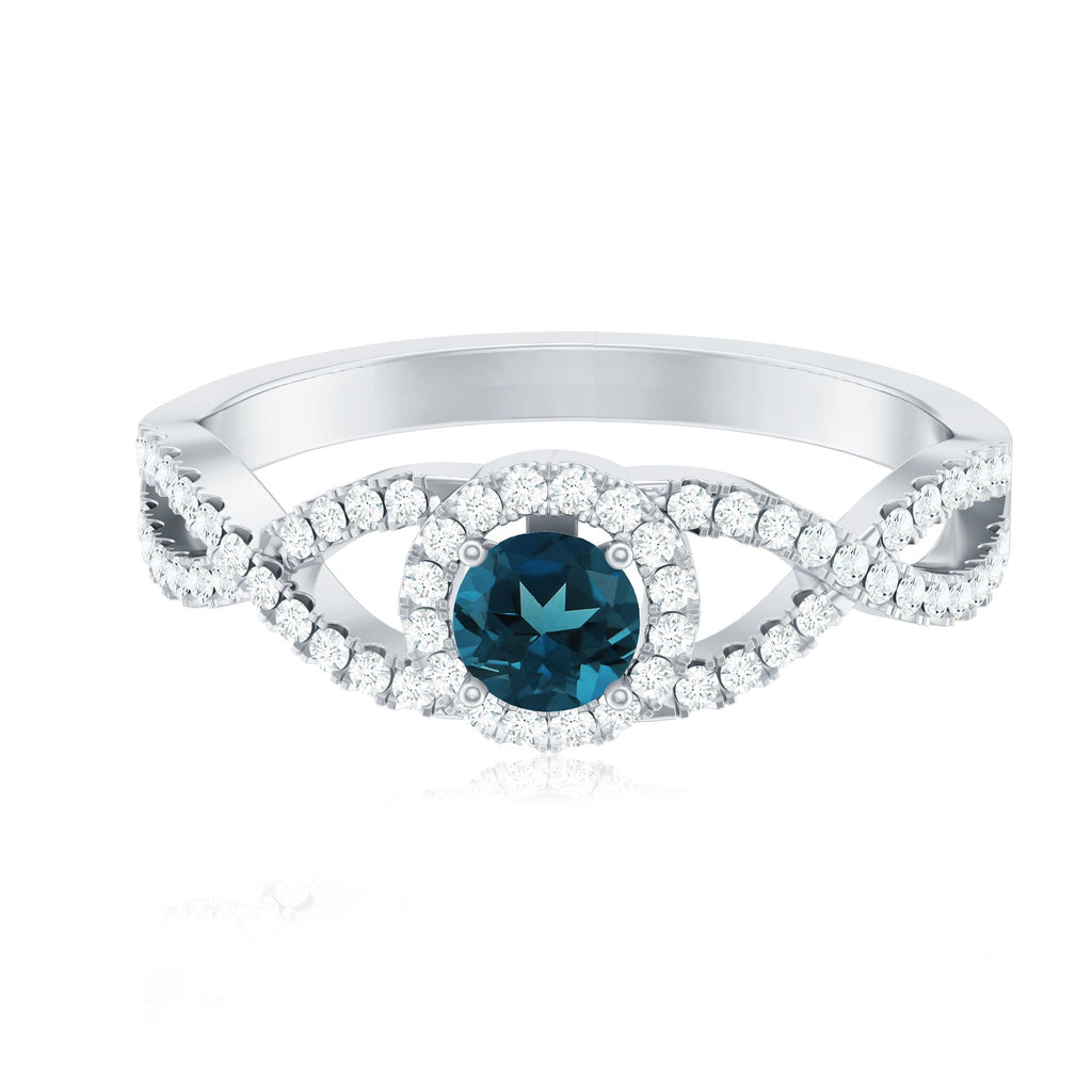 London Blue Topaz Crossover Engagement Ring with Diamond Halo