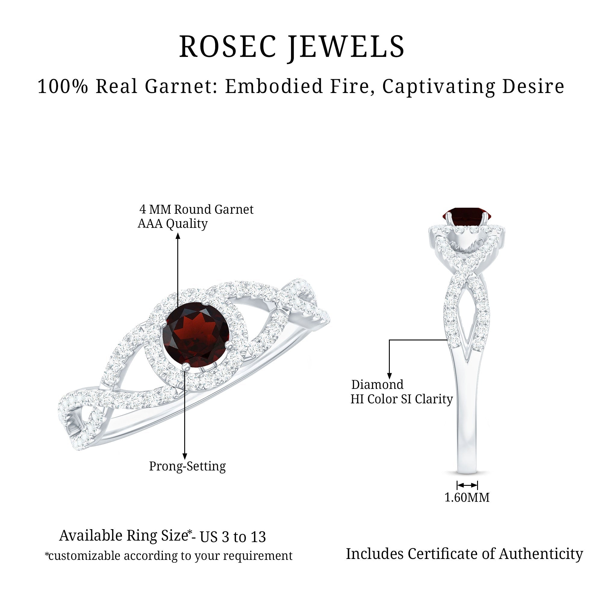 Natural Garnet Engagement Ring with Diamond Criss Cross Shank