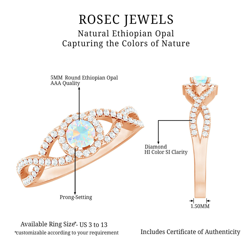 Natural Ethiopian Opal Diamond Engagement Ring with Criss Cross Shank