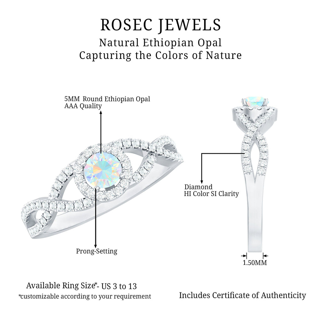Natural Ethiopian Opal Diamond Engagement Ring with Criss Cross Shank