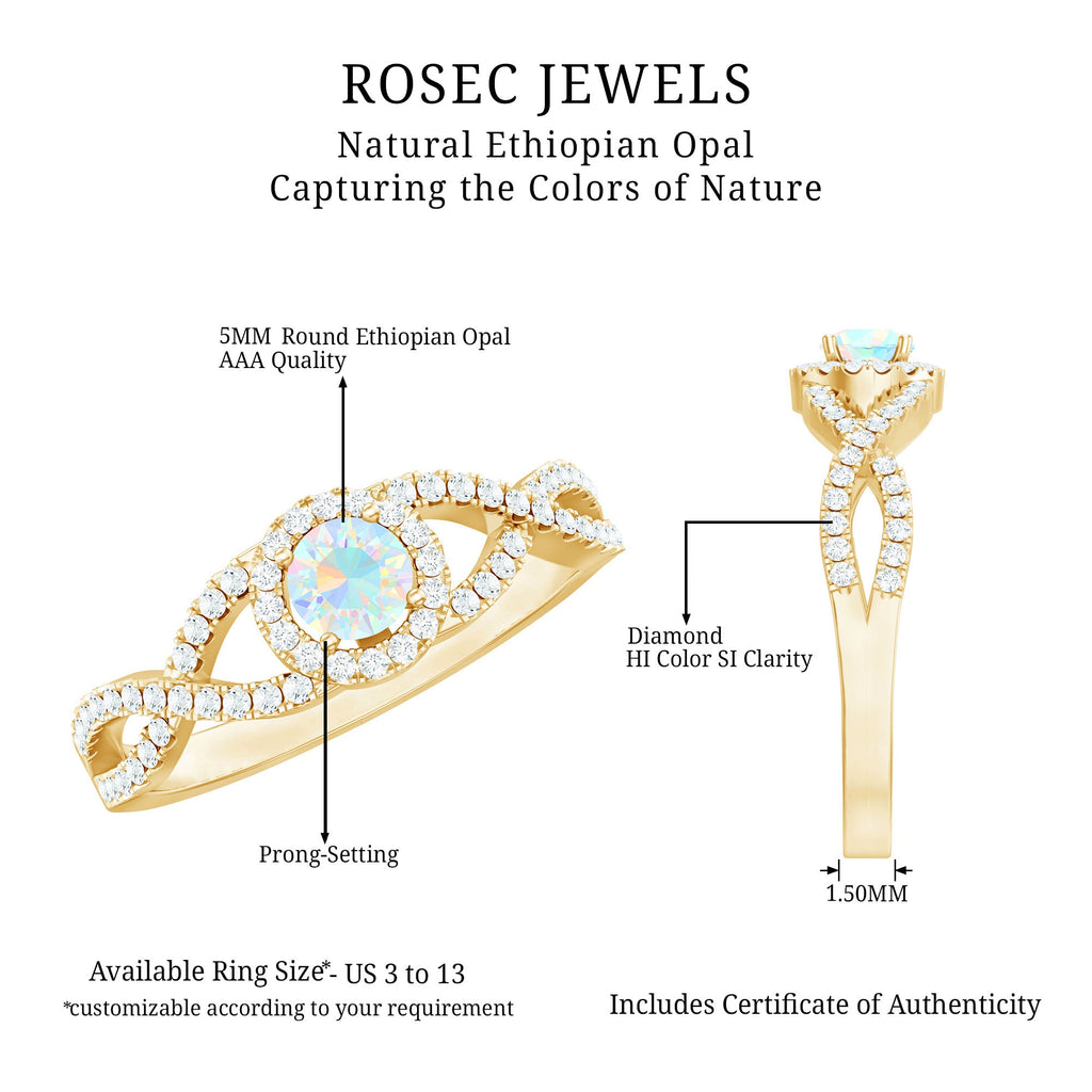 Natural Ethiopian Opal Diamond Engagement Ring with Criss Cross Shank