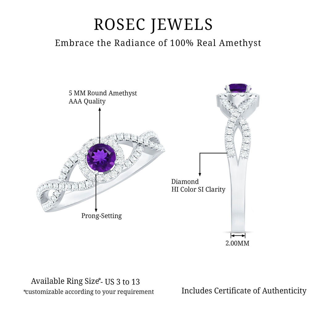 Round Amethyst and Diamond Criss Cross Engagement Ring