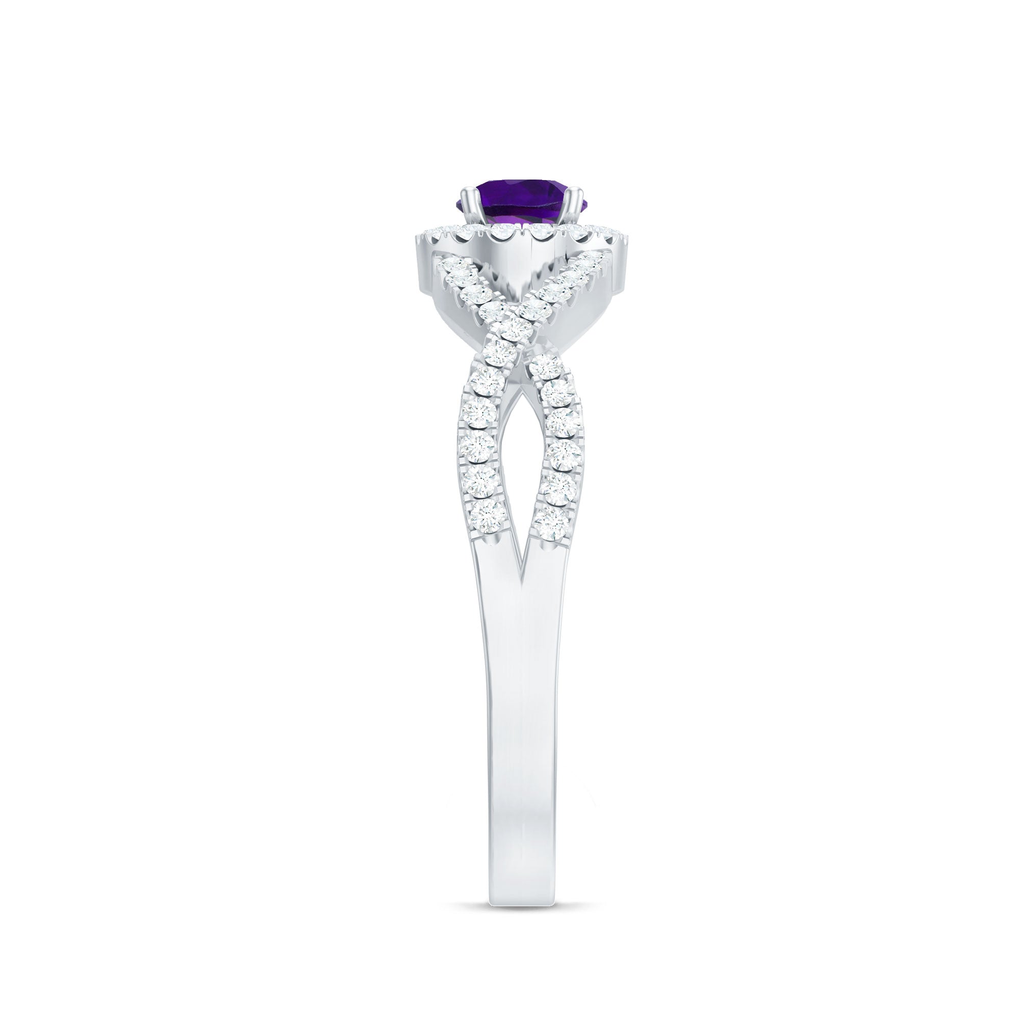 Round Amethyst and Diamond Criss Cross Engagement Ring