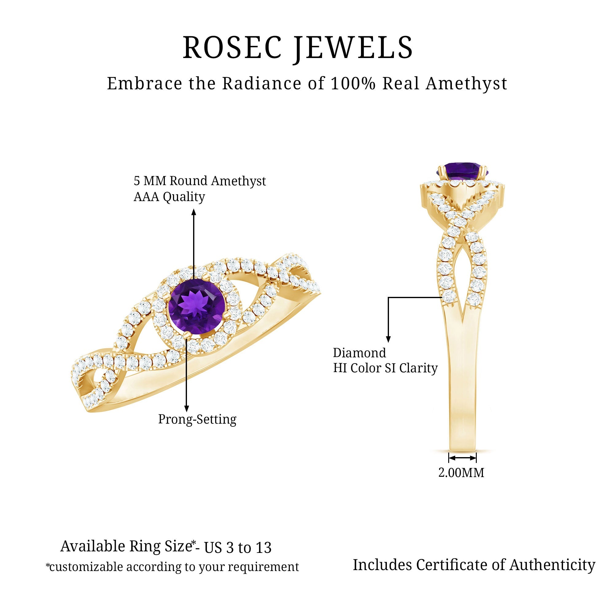 Round Amethyst and Diamond Criss Cross Engagement Ring