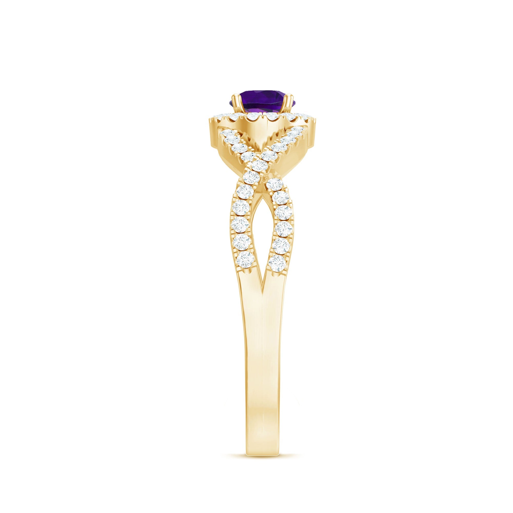Round Amethyst and Diamond Criss Cross Engagement Ring