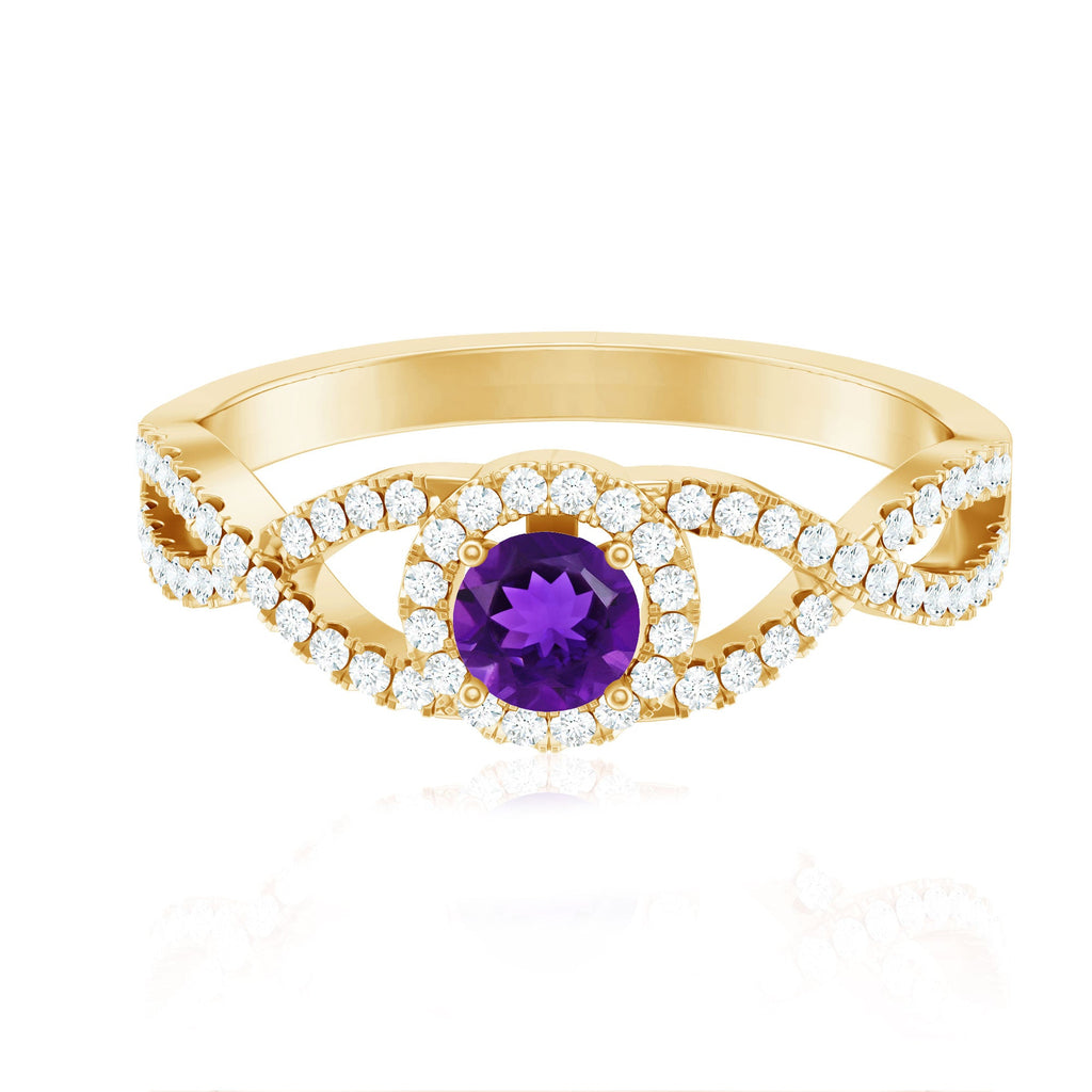 Round Amethyst and Diamond Criss Cross Engagement Ring