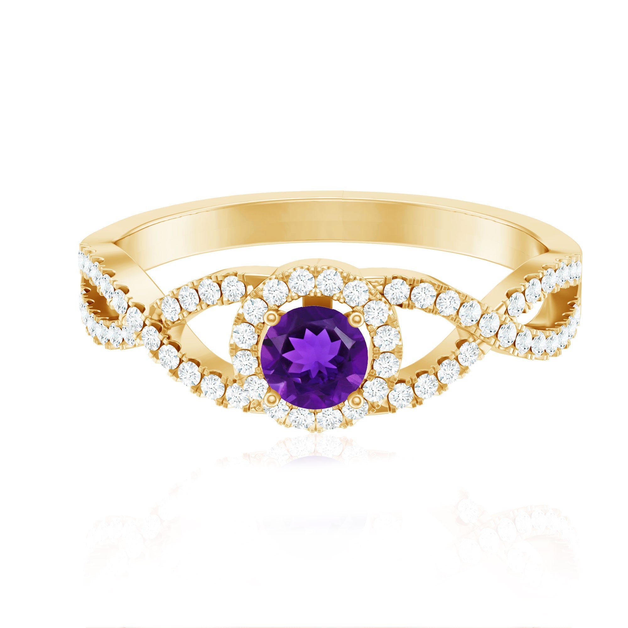 Round Amethyst and Diamond Criss Cross Engagement Ring