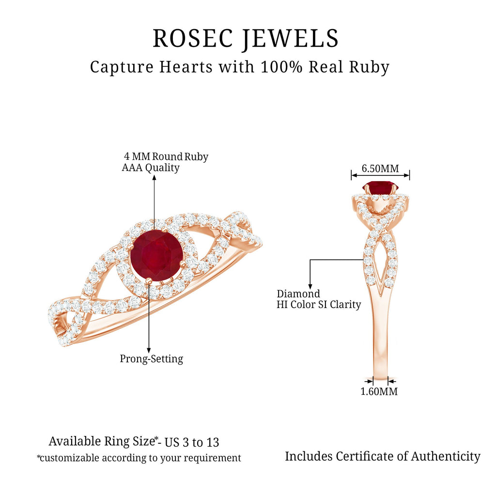 Round Ruby and Diamond Criss Cross Engagement Ring