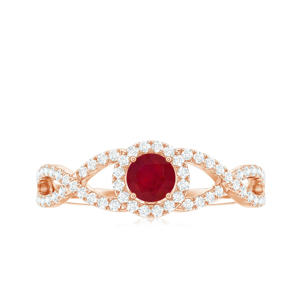 Round Ruby and Diamond Criss Cross Engagement Ring