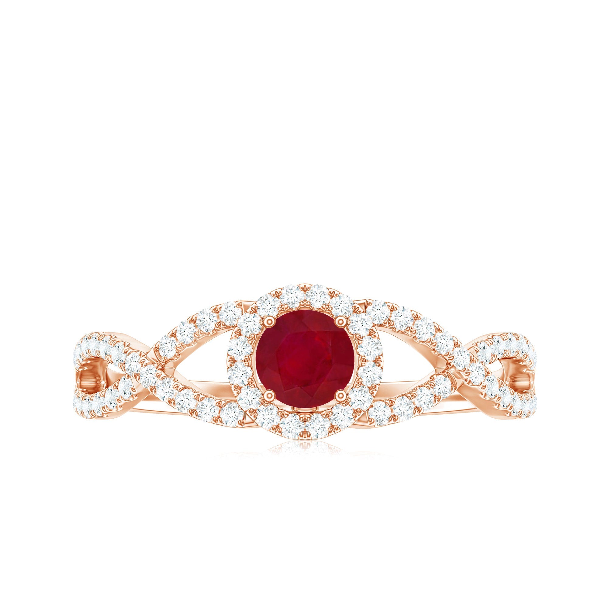 Round Ruby and Diamond Criss Cross Engagement Ring